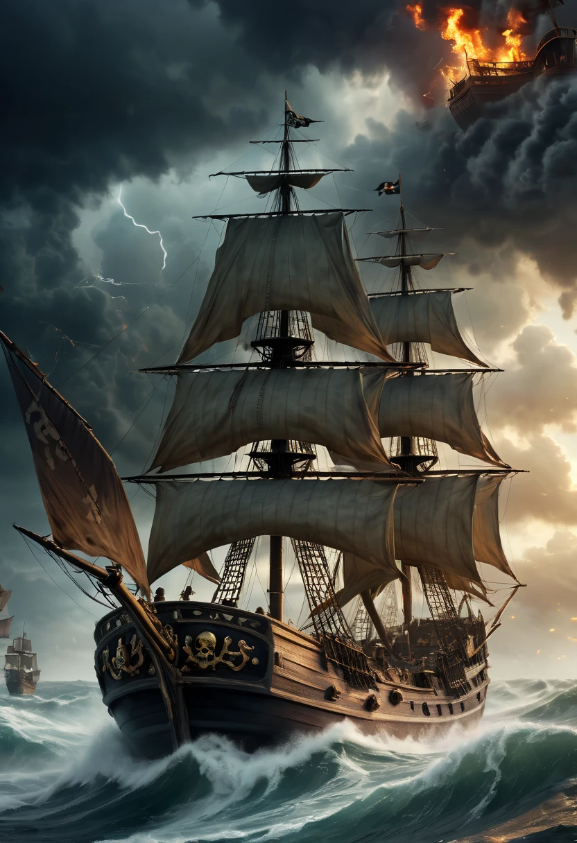 (best quality,4k,8k,highres,masterpiece:1.2),ultra-detailed,(realistic,photorealistic,photo-realistic:1.37),pirate with a map,in the middle of a storm,pirate flag,a map,a treasure,pirate in a ship,cannons,explosions in a battle,epic,battle,close up,illustration,detailed stormy sky,dark clouds,lightning striking the ship,dramatic waves splashing against the ship,roaring sea,pirate captain with a rugged and intense expression,piercing eyes,weathered face,fierce expression,flowing long hair,pirate crew members on the ship,clashing swords,arrows flying,smoke billowing from cannons,flying debris,exciting action,Ancient treasure map with mysterious symbols,aged parchment-paper texture,ornate compass rose,weathered edges and creases,intricate markings leading to the treasure,Hidden treasure chest overflowing with gold coins and jewels,pirate ship sailing through treacherous waters,worn wooden planks,sails billowing in the wind,black pirate flag with a skull and crossbones,explosions illuminating the battle scene with fiery chaos,shards of wood splintering,colors of red,orange and yellow representing the intense battle,highlighted characters and ship in sharp focus,emphasis on each detail for a visually stunning effect,professional-grade artwork,vivid colors,bokeh.