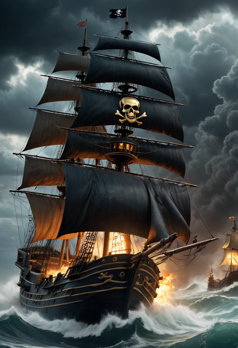 (best quality,4k,8k,highres,masterpiece:1.2),ultra-detailed,(realistic,photorealistic,photo-realistic:1.37),pirate with a map,in the middle of a storm,pirate flag,a map,a treasure,pirate in a ship,cannons,explosions in a battle,epic,battle,close up,illustration,detailed stormy sky,dark clouds,lightning striking the ship,dramatic waves splashing against the ship,roaring sea,pirate captain with a rugged and intense expression,piercing eyes,weathered face,fierce expression,flowing long hair,pirate crew members on the ship,clashing swords,arrows flying,smoke billowing from cannons,flying debris,exciting action,Ancient treasure map with mysterious symbols,aged parchment-paper texture,ornate compass rose,weathered edges and creases,intricate markings leading to the treasure,Hidden treasure chest overflowing with gold coins and jewels,pirate ship sailing through treacherous waters,worn wooden planks,sails billowing in the wind,black pirate flag with a skull and crossbones,explosions illuminating the battle scene with fiery chaos,shards of wood splintering,colors of red,orange and yellow representing the intense battle,highlighted characters and ship in sharp focus,emphasis on each detail for a visually stunning effect,professional-grade artwork,vivid colors,bokeh.