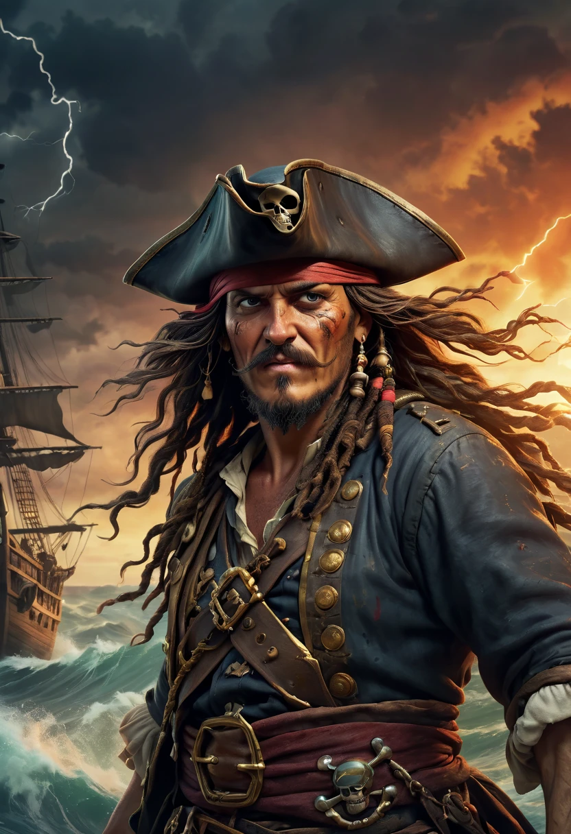 (best quality,4k,highres),pirate with a map,stormy weather,detailed pirate clothing,thunder and lightning,illustration style,colorful sunset,rough waves,pirate flag,treasure chest,old and worn-out map,smoke and fire,action-packed scene,close up of the pirate's face and expression