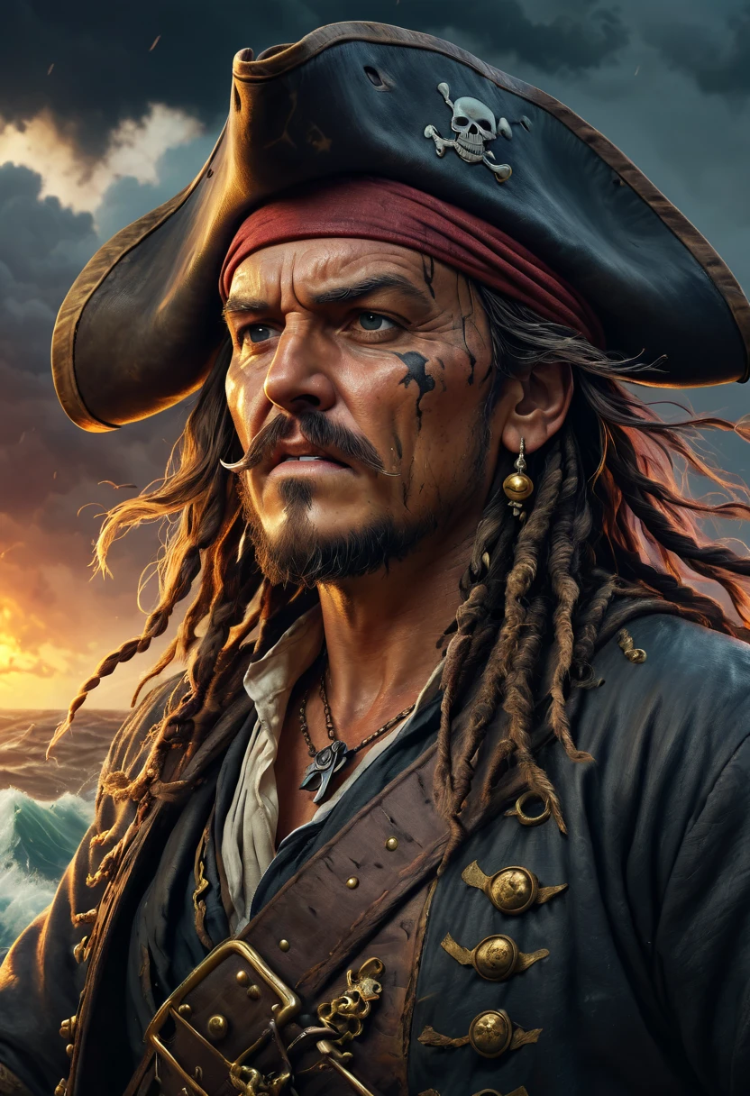 (best quality,4k,highres),pirate with a map,stormy weather,detailed pirate clothing,thunder and lightning,illustration style,colorful sunset,rough waves,pirate flag,treasure chest,old and worn-out map,smoke and fire,action-packed scene,close up of the pirate's face and expression