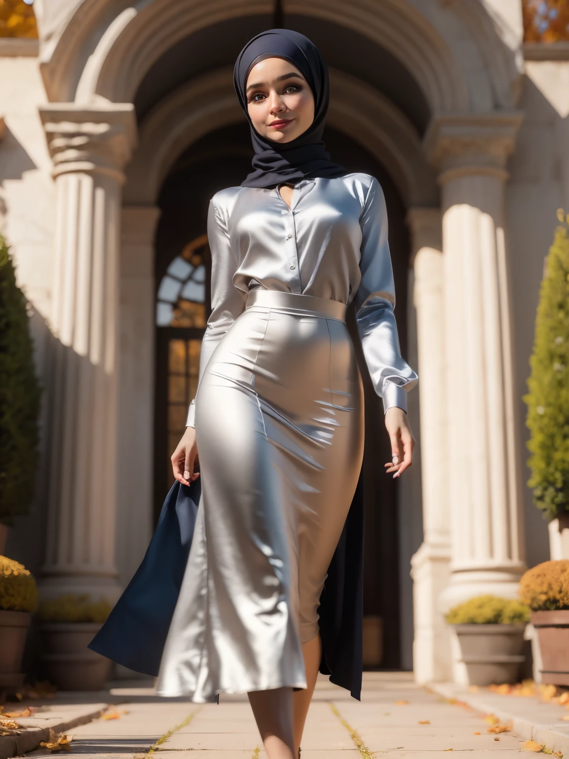 3dmm style, Masterpiece, realistic, best quality, best lighting, beautiful mature Czech woman, 1 girl photo solo, beautifully makeup, eyeshadow, Parted Lips, Detailed Eyes, Big eyes, brown eyes, long eye lashes, dimples on the cheeks, smile, wearing ((Dark blue satin hijab)), loosely tide hijab style, ((gray satin shirt and satin long skirt)), (Half-body portrait), Front view, Symmetric Centre, facing the viewer, walking on trails autumn garden.