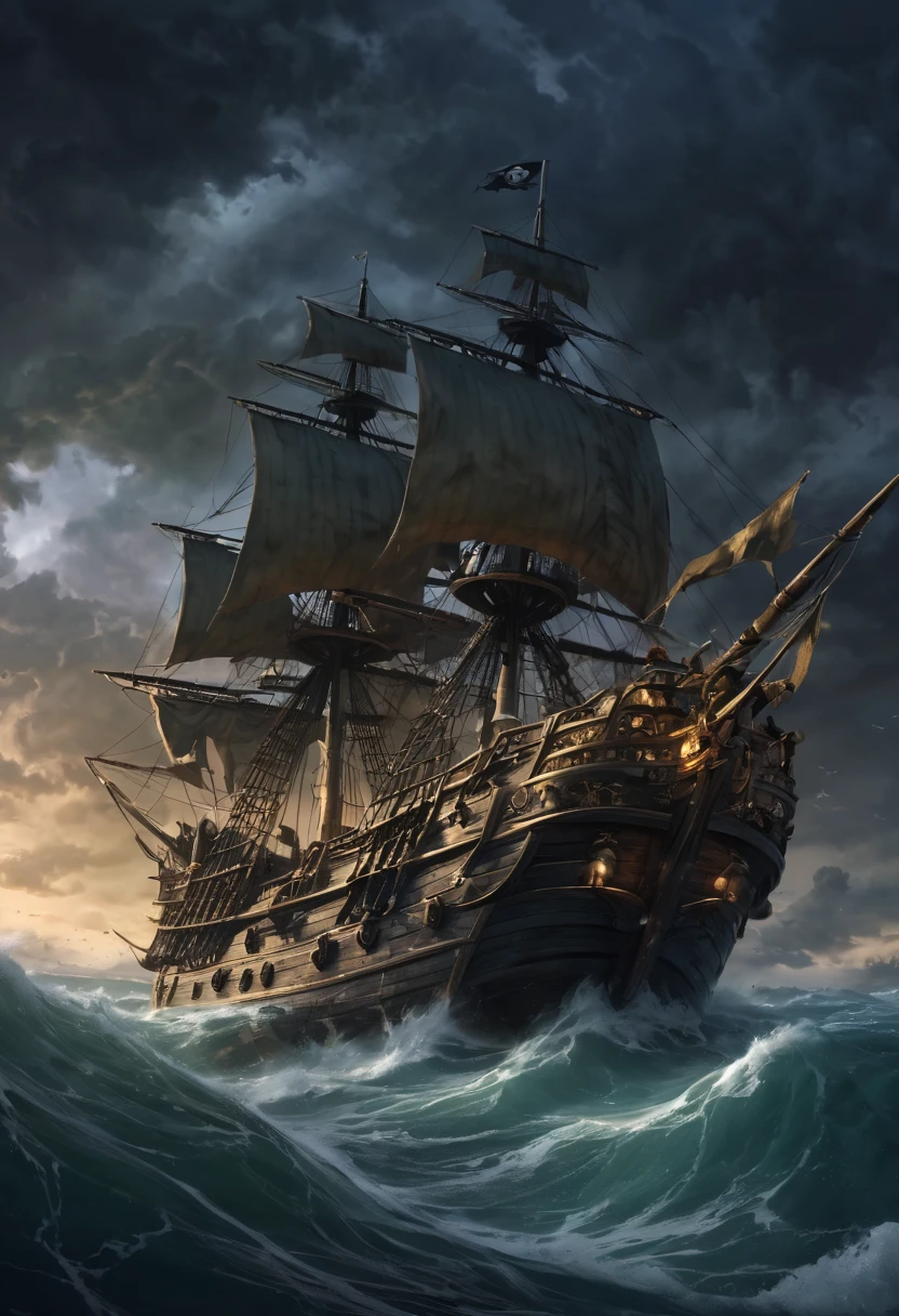 A pirate braving a treacherous storm, clutching a tattered map, reveals an epic adventure filled with hidden treasures and deceit. The scene portrays a mysterious character, embodying the essence of piracy and adventure. The pirate's appearance reflects a rugged and weather-beaten persona, with a scruffy beard and an eye patch. The pirate's eyes, filled with mischief and determination, accentuate their character.

The storm raging around them intensifies the chaos, with lightning striking dramatically in the background. The dark, turbulent clouds add an air of mystery and danger to the scene. The wind whips through the pirate's hair and sails, symbolizing the challenges they face in their quest for treasure.

A pirate flag flutters defiantly on a sturdy ship, proudly displaying the Jolly Roger with its skull and crossbones. The ship's deck showcases cannons ready for battle, highlighting the pirate's fearless nature. In the distance, multiple ships can be seen, engaged in an epic naval battle, creating a sense of exhilaration and adventure.

The treasure map serves as the centerpiece of the scene. Its worn edges and faded markings evoke a sense of ancient mystique. The intricate details of the map, showcasing coastlines, landmarks, and hidden symbols, emphasize the challenging journey ahead. The pirate's fingers trace the map's contours, revealing their thirst for wealth and glory.

The treasure itself remains concealed, but its allure is almost palpable. The golden glow of the treasure chest, partially visible amidst the chaos, hints at the vast wealth awaiting the pirate. Its intricate carvings and precious gemstones enhance the aura of grandeur and excitement.

As dusk descends upon the stormy sea, the scene is bathed in a captivating blend of colors. Deep shades of indigo and purple dominate the sky, creating an atmosphere of mystery and intrigue. Illuminated by flashes of lightning, the pirate's surroundings are cast in dramatic contrasts of dark and light.

The scene is infused with dynamic lighting techniques, emphasizing the interplay of shadows and highlights. The flickering glow of lanterns and the occasional burst of sunlight peeking through the clouds further enhance the visual narrative. The overall lighting arrangement creates a visually stunning composition, accentuating the pirate's journey towards their coveted treasure.

The prompt incorporates elements that accentuate the theme of piracy and adventure, from the pirate's appearance to the stormy weather and the presence of ships and cannons. It encompasses high-quality visual details, realistic rendering, and vivid colors to produce a truly immersive and captivating image.