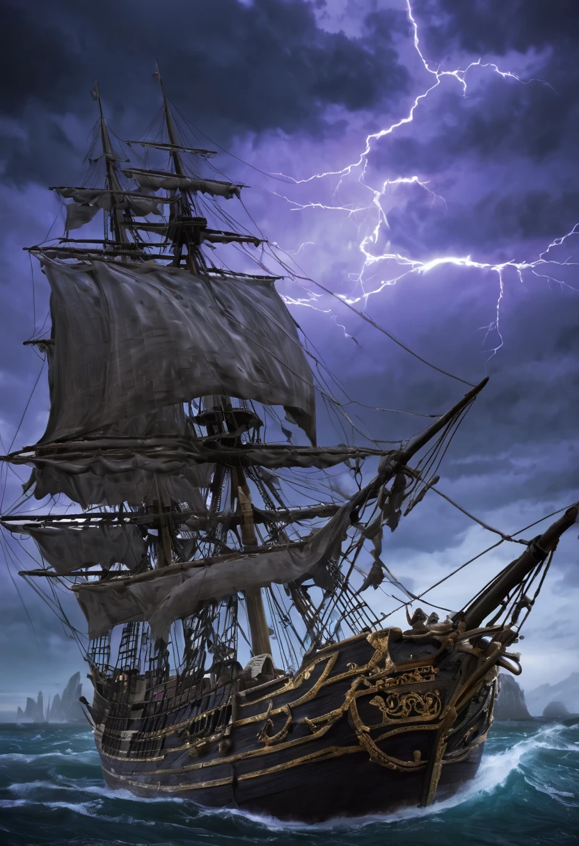 A pirate braving a treacherous storm, clutching a tattered map, reveals an epic adventure filled with hidden treasures and deceit. The scene portrays a mysterious character, embodying the essence of piracy and adventure. The pirate's appearance reflects a rugged and weather-beaten persona, with a scruffy beard and an eye patch. The pirate's eyes, filled with mischief and determination, accentuate their character.

The storm raging around them intensifies the chaos, with lightning striking dramatically in the background. The dark, turbulent clouds add an air of mystery and danger to the scene. The wind whips through the pirate's hair and sails, symbolizing the challenges they face in their quest for treasure.

A pirate flag flutters defiantly on a sturdy ship, proudly displaying the Jolly Roger with its skull and crossbones. The ship's deck showcases cannons ready for battle, highlighting the pirate's fearless nature. In the distance, multiple ships can be seen, engaged in an epic naval battle, creating a sense of exhilaration and adventure.

The treasure map serves as the centerpiece of the scene. Its worn edges and faded markings evoke a sense of ancient mystique. The intricate details of the map, showcasing coastlines, landmarks, and hidden symbols, emphasize the challenging journey ahead. The pirate's fingers trace the map's contours, revealing their thirst for wealth and glory.

The treasure itself remains concealed, but its allure is almost palpable. The golden glow of the treasure chest, partially visible amidst the chaos, hints at the vast wealth awaiting the pirate. Its intricate carvings and precious gemstones enhance the aura of grandeur and excitement.

As dusk descends upon the stormy sea, the scene is bathed in a captivating blend of colors. Deep shades of indigo and purple dominate the sky, creating an atmosphere of mystery and intrigue. Illuminated by flashes of lightning, the pirate's surroundings are cast in dramatic contrasts of dark and light.

The scene is infused with dynamic lighting techniques, emphasizing the interplay of shadows and highlights. The flickering glow of lanterns and the occasional burst of sunlight peeking through the clouds further enhance the visual narrative. The overall lighting arrangement creates a visually stunning composition, accentuating the pirate's journey towards their coveted treasure.

The prompt incorporates elements that accentuate the theme of piracy and adventure, from the pirate's appearance to the stormy weather and the presence of ships and cannons. It encompasses high-quality visual details, realistic rendering, and vivid colors to produce a truly immersive and captivating image.