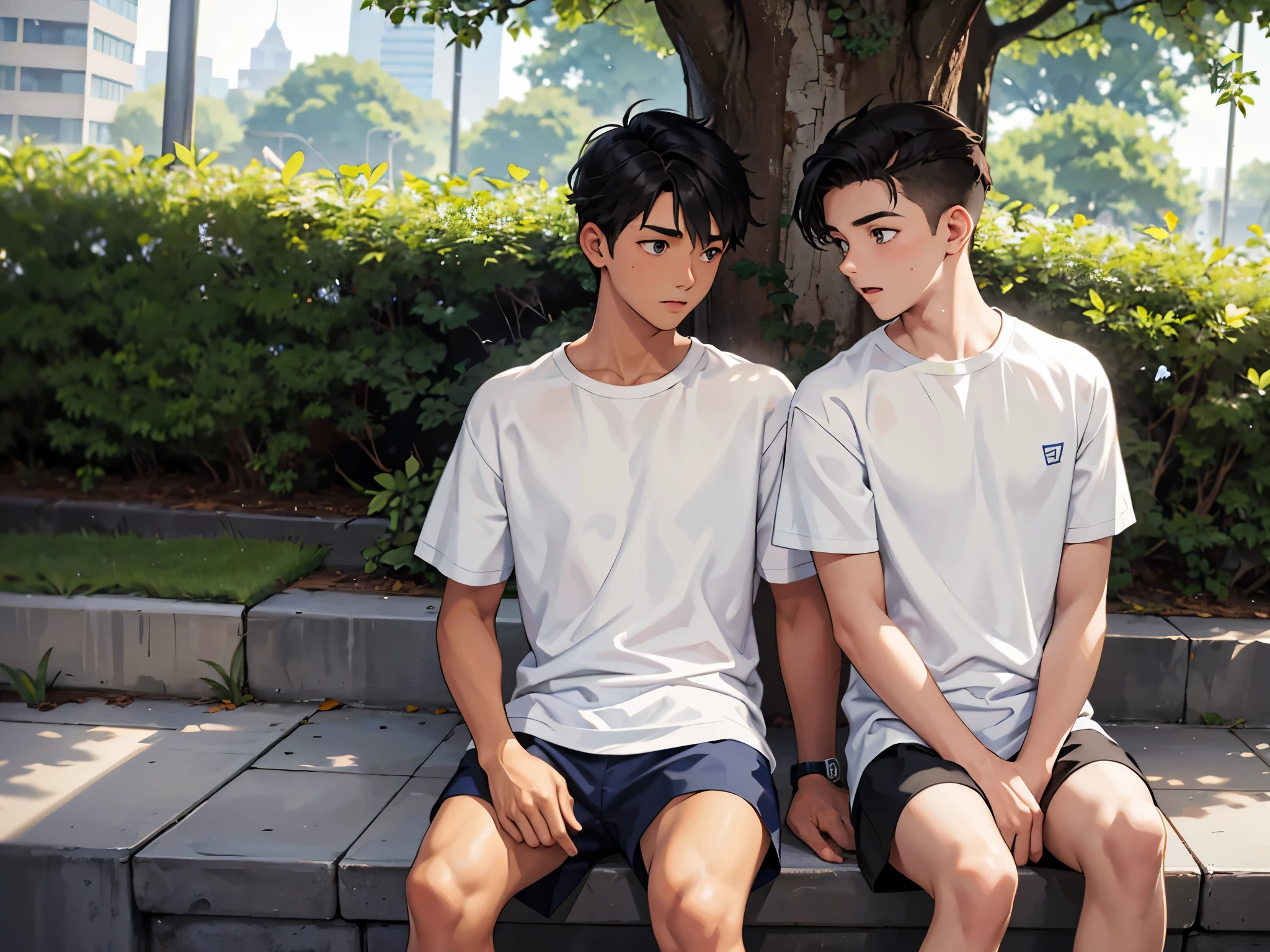 There are two handsome 14-year-old boys with white t-shirts, one of them is a sad young man talking to his boyfriend, both are men, they are 14 years old, they are sitting in a park talking, sad because they don&#39;t accept their relationship.