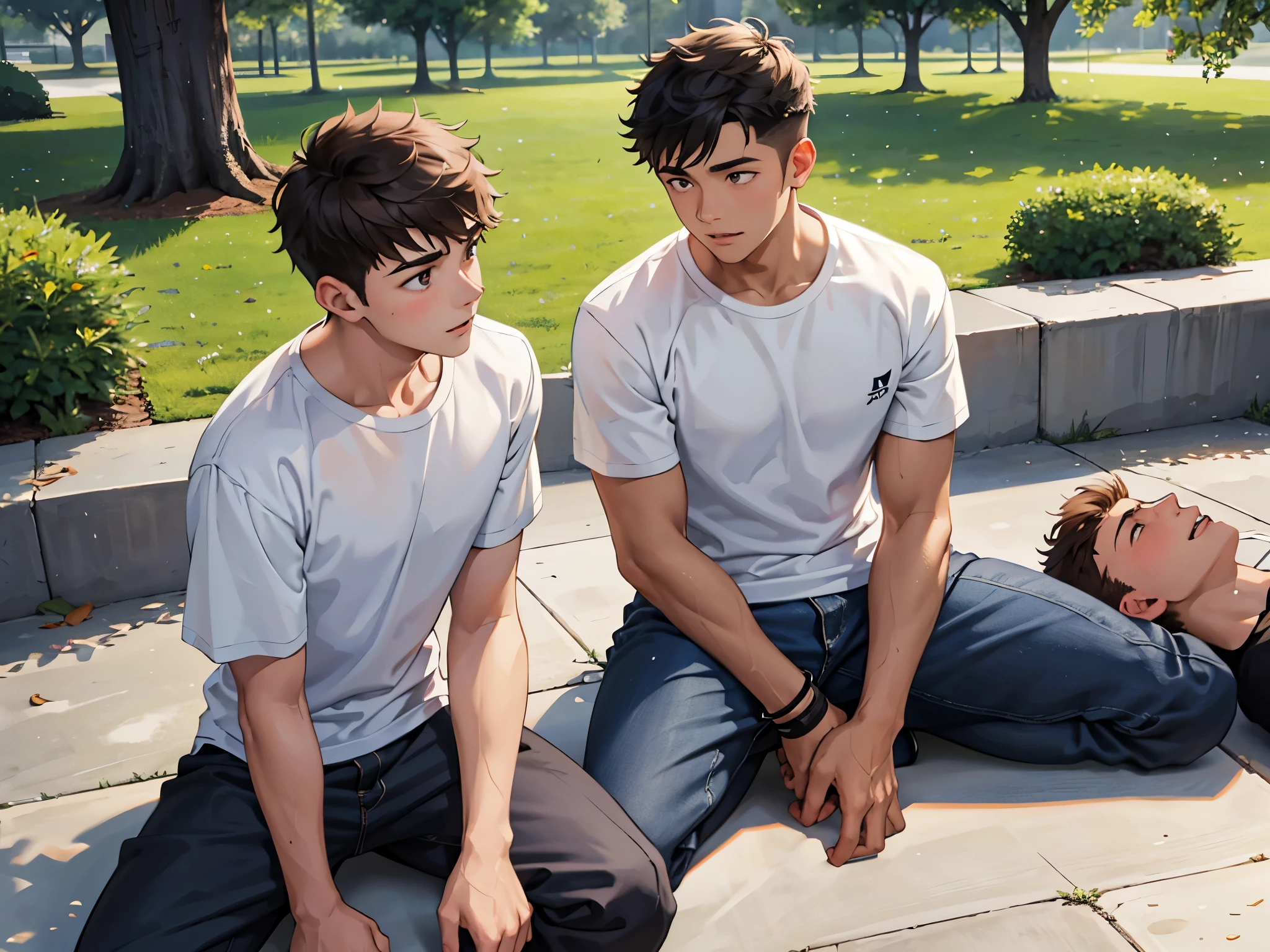 There are two handsome -yeld bowith white t-shirts, one of them is a sad young man talking to his boyfriend, both are men, they are 14 years e sitting in a park talking, sad because they don't accept their relationship.