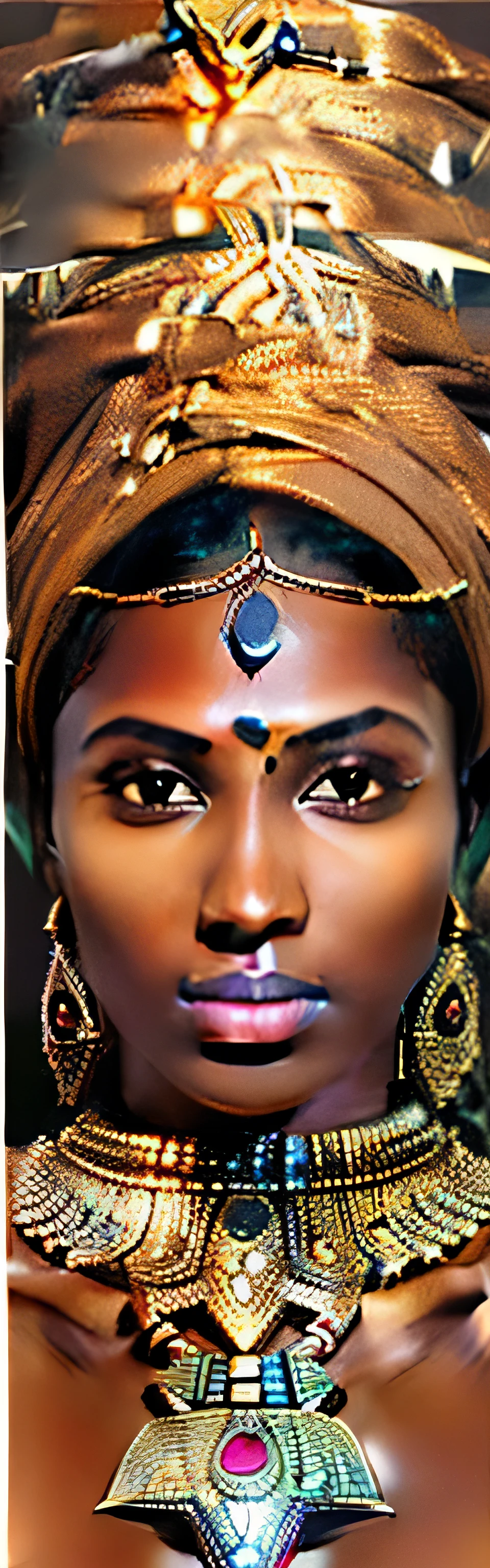 Close-up of woman wearing headscarf and necklace, Dark-skinned god, Dark complexion, indian girl with bronze skin, charming african princess, with bronze skin, bronze skin man egyptian prince, Come to the hammam, she has olive bronze skin, bronze skin. Light makeup, black african princess, Jewelry decoration on forehead, Somali women