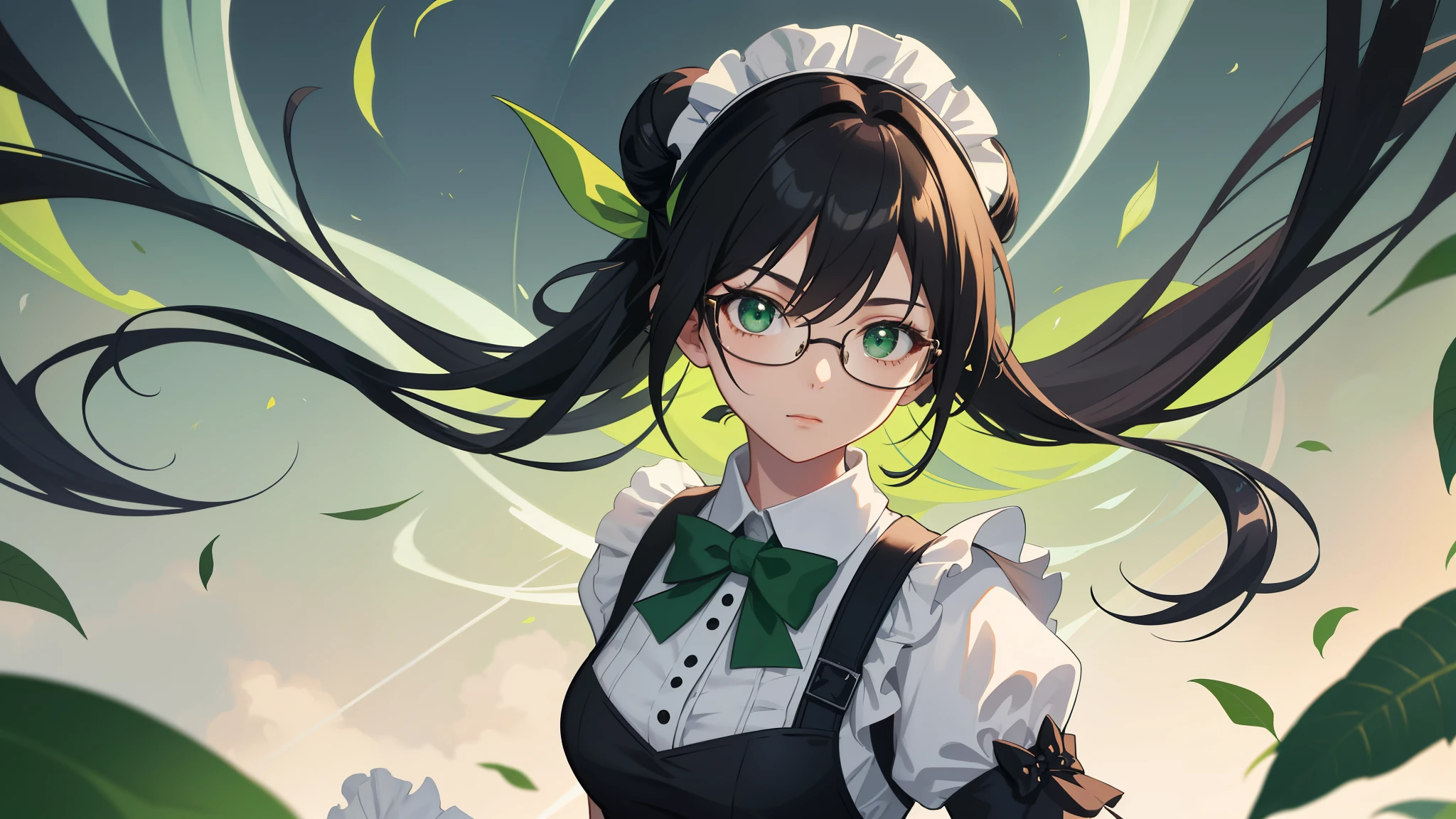 High resolution masterpiece, featuring a solitary girl in an exquisitely detailed Yuri Alpha anime scene. With her black hair tied up in a single bun, she dons a maid outfit complete with a collar, bow tie, and apron. The intricate details of her uniform are accentuated by the sharp focus of the image. Her green eyes are captivatingly vibrant behind a pair of glasses. Accessorized with a green wristband and gloves, she adds a touch of peak charm to this stunning Pixiv creation.