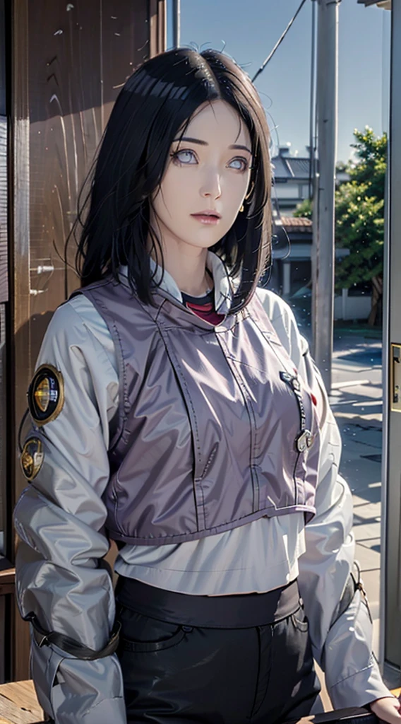 photorealistic, masterpiece, photorealistic, high resolution, hinata huyga, soft light, waist up, blue eyes, black hair with perfect bang, long hair, color leather vest with gears, techwear, jetpack, workshop in background, machines, gears, steam, industry, technology, furnace, grime, anvil, buttons, levers, automaton, electricity, electric sparks epic atmosphere