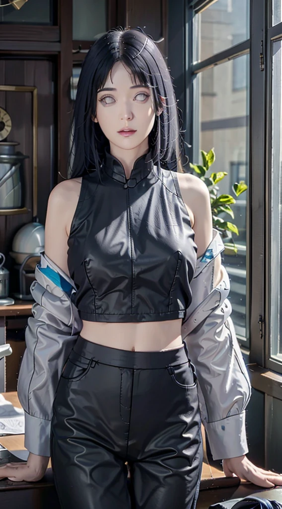 photorealistic, masterpiece, photorealistic, high resolution, hinata huyga, soft light, waist up, blue eyes, black hair with perfect bang, long hair, color leather vest with gears, techwear, jetpack, workshop in background, machines, gears, steam, industry, technology, furnace, grime, anvil, buttons, levers, automaton, electricity, electric sparks epic atmosphere