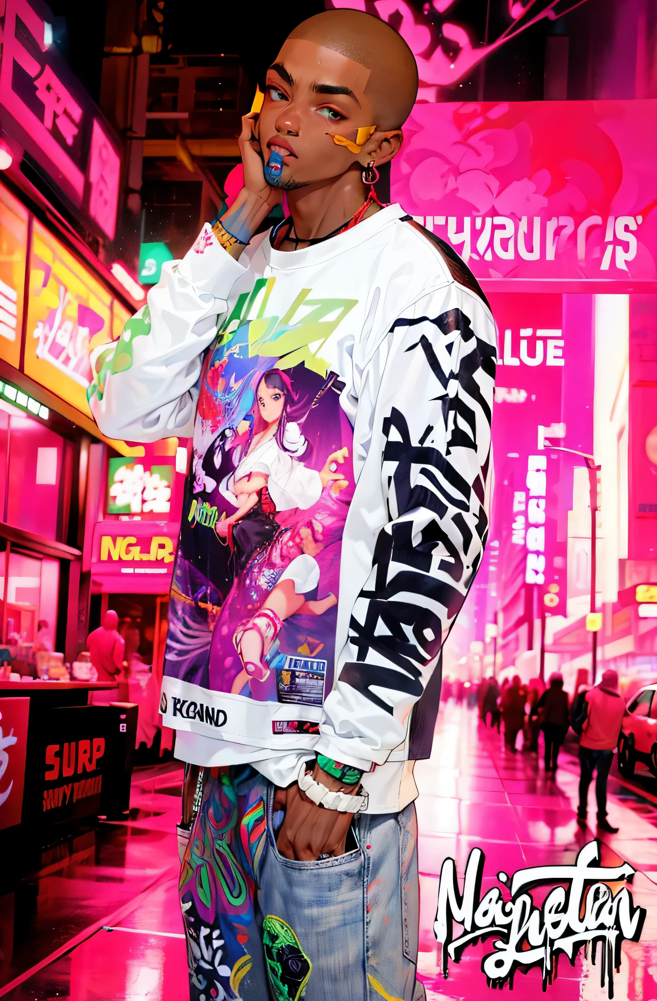arafed man in a white shirt and jeans standing in a city, cyberpunk streetwear, wearing cyberpunk streetwear, profile shot, hyper real, raypunk, streetwear fashion, graffiti inspired, raper artist, official artwork, streetwear, wildstyle, hyper detailed, hyper realistic”, hyper realistic ”, inspired by Mustafa Rakim, hype, raver, closeup portrait shot, street clothing