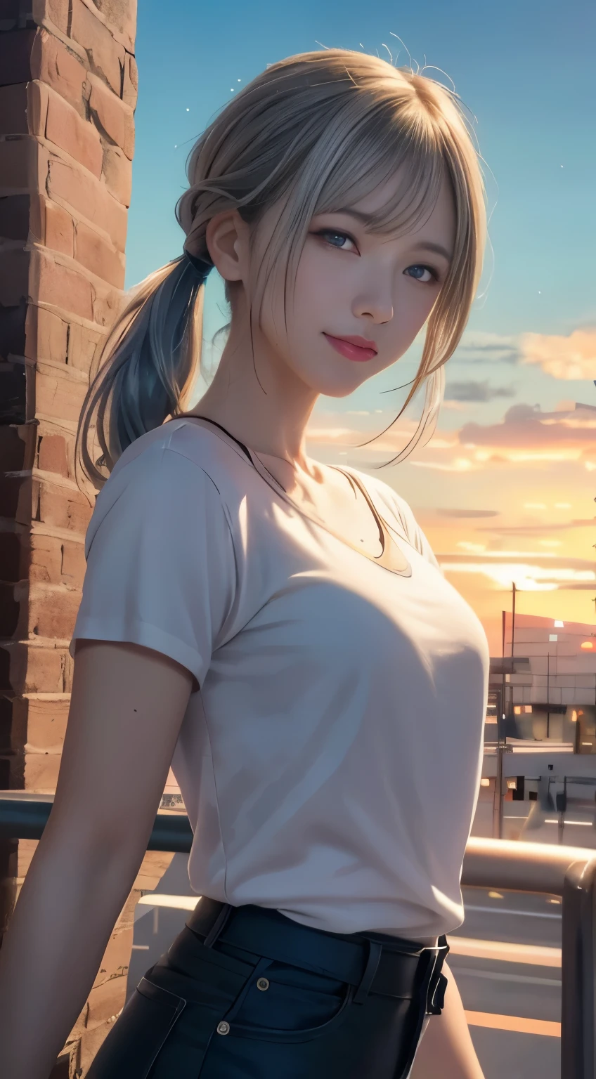 High resolution 8K, NSFW, Bright light illumination, Anime style, Film Portrait Photography, 1woman, dynamic angle, dynamic pose, slender face, a smile, smile, Beautiful Women, ((Sexy Women)), (((Red eyes, Straight hair, pony tail, silver hair, Long hair))), woman wearing a yellow shirt, adult lady, Wear shorts, anime characters in a scene with a sky background, your name movie style, Stills in TV anime, yourname, fiona staples and makoto shinkai, makoto shinkai and bioware, guweiz and makoto shinkai, anime still image, Animated film stills, anime movie screenshot, (Natural skin texture Vibrant details, hyper realistic)