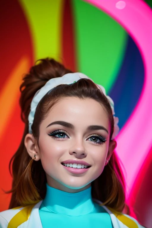 1 chica, hermosa chica, Piel clara , modelo adolescente , chica adolescente , 20 years, senos medianos , Ojos realistas, pecas en mejillas y nariz , gran sonrisa , Ojos azules hermosos y grandes, brown long hair , pony tail , neon lights, neon girl, neon wallpaper, imaginario, Fondo de pantalla 8K, Light and cool lighting, foto realista, celda sombreada, Gel lighting, ultra detalles, viste camisa blanca con una flor en el pecho , falda amarilla con patrones de cuadros , calcetas blancas , mocasines color cafe , maquillaje , labios rojos