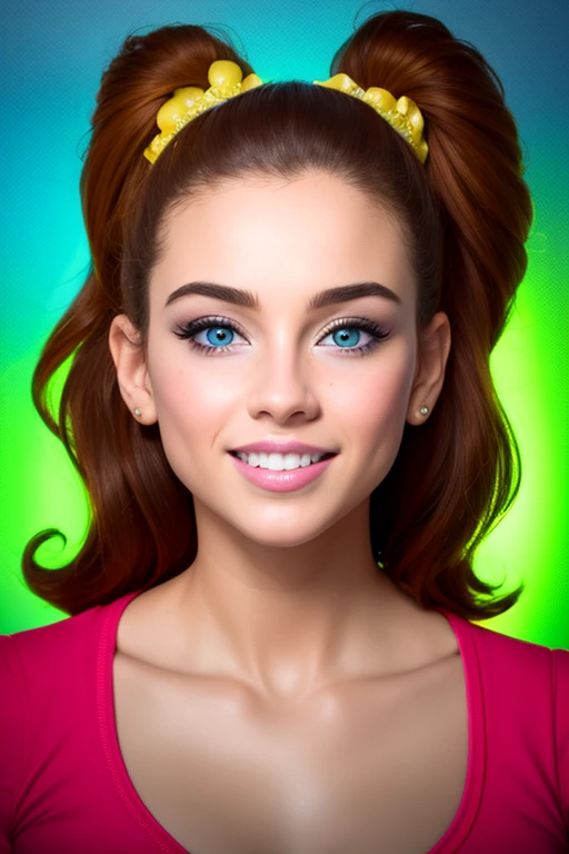 1 chica, hermosa chica, Piel clara , modelo adolescente , chica adolescente , 20 years, senos medianos , Ojos realistas, pecas en mejillas y nariz , gran sonrisa , Ojos azules hermosos y grandes, brown long hair , pony tail , neon lights, neon girl, neon wallpaper, imaginario, Fondo de pantalla 8K, Light and cool lighting, foto realista, celda sombreada, Gel lighting, ultra detalles, viste camisa blanca con una flor en el pecho , falda amarilla con patrones de cuadros , calcetas blancas , mocasines color cafe , maquillaje , labios rojos