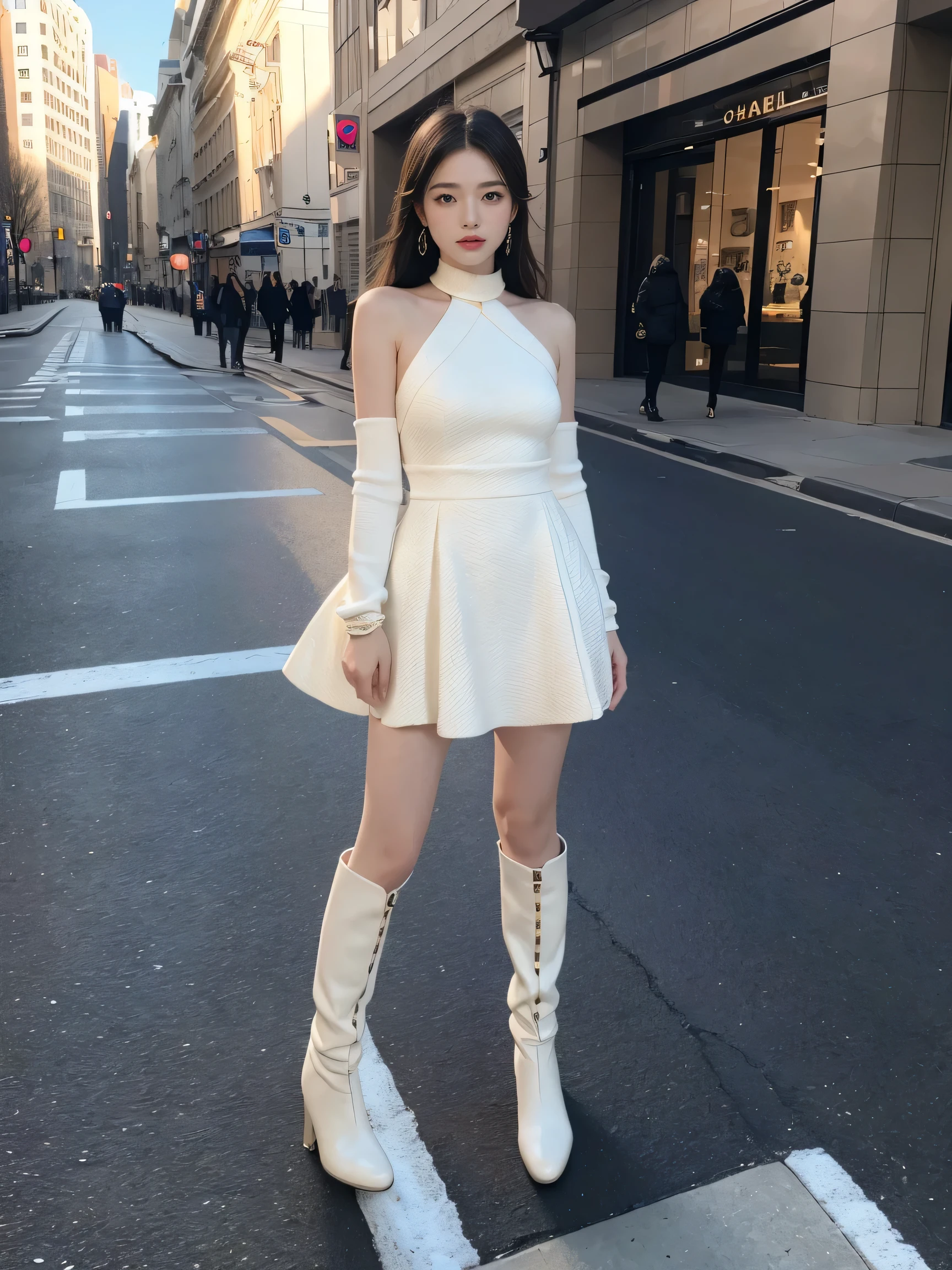 best quality,masterpiece,ultra high resolution,(actual:1.4),original photo,ultra high definition，8K，there is a girl，Chanel style dress，Winter，boots，Confident and beautiful，Gentle temperament，whole body，street