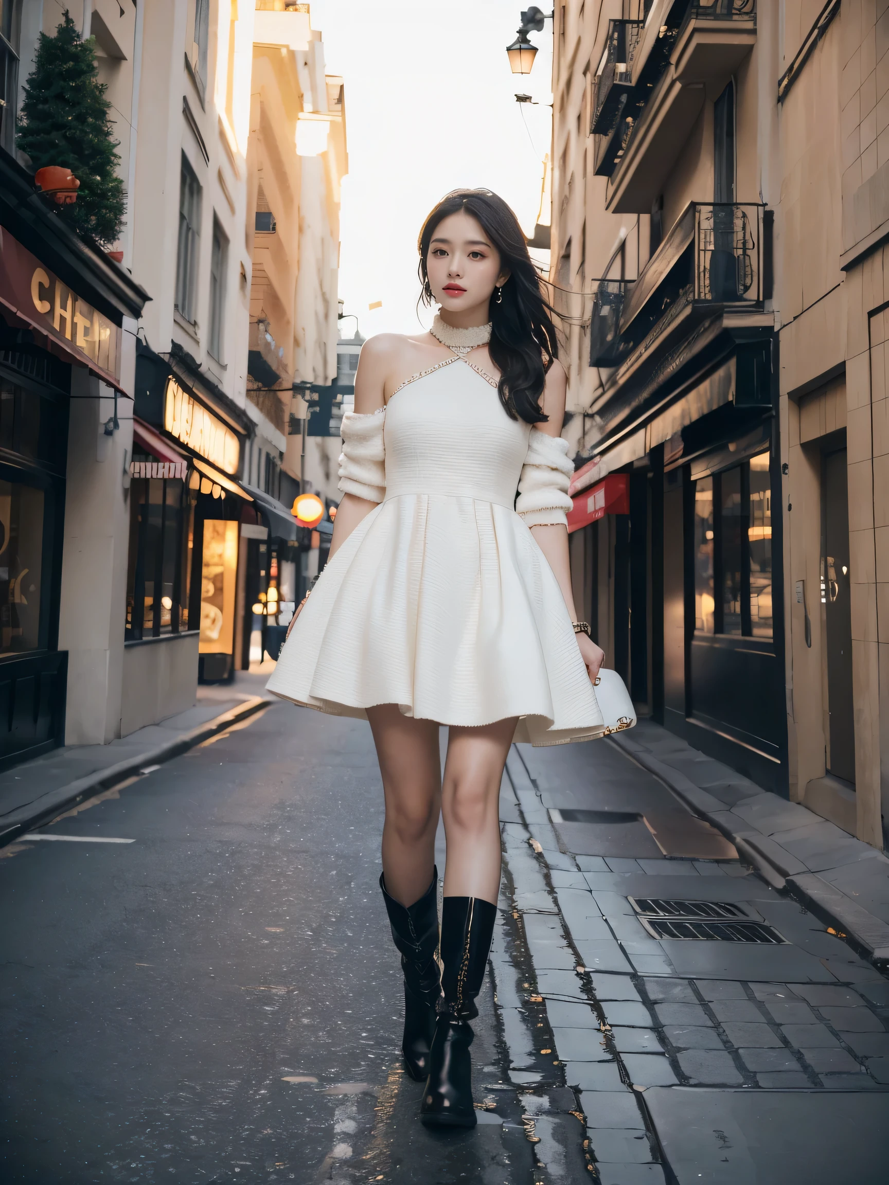 best quality,masterpiece,ultra high resolution,(actual:1.4),original photo,ultra high definition,8K,there is a girl,Chanel style dress,Winter,boots,Confident and beautiful,Gentle temperament,whole body,street