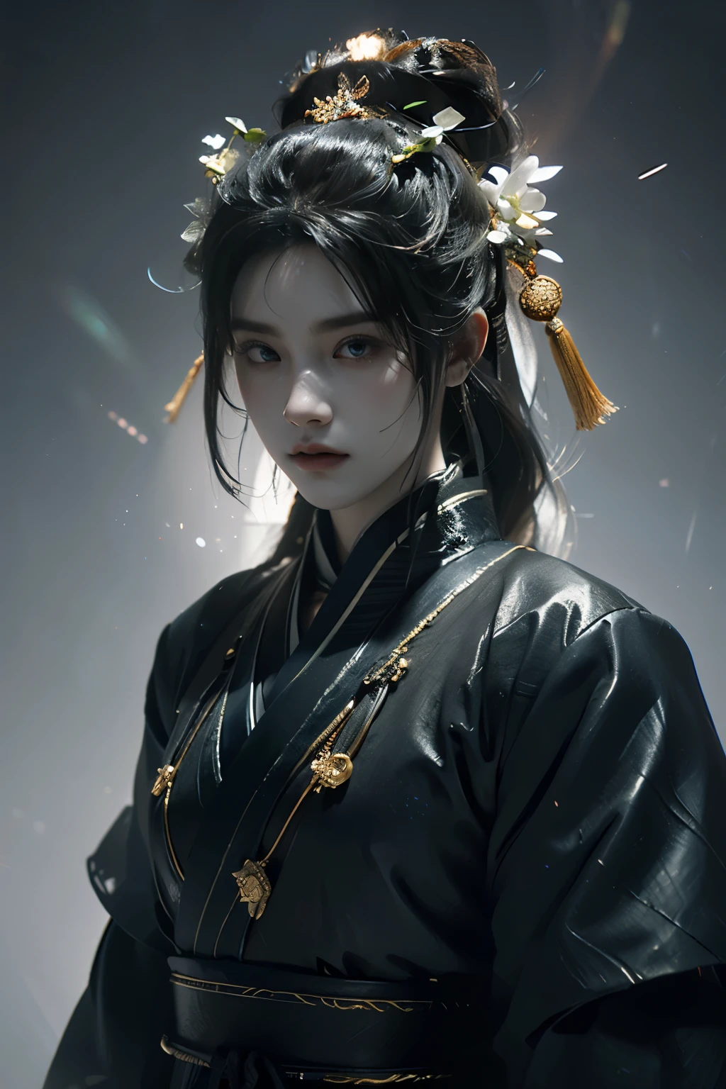 Game art，The best picture quality，Highest resolution，8K，(A bust photograph)，(Portrait)，(Head close-up)，(Rule of thirds)，Unreal Engine 5 rendering works， (The Girl of the Future)，(Female Warrior)， 
15岁少女，(The generals of ancient China)，An eye rich in detail，(Big breasts)，优雅高贵，冷漠，勇敢的，
(Wearing ancient Chinese cloth，Chinese Hanfu，Costumes of the Tang Dynasty，Costumes are rich in detail，Simple shades)，中国人物，奇幻风格，
拍照姿势，野外背景，Movie lights，Ray tracing，Game CG，((3D Unreal Engine))，oc渲染反射纹