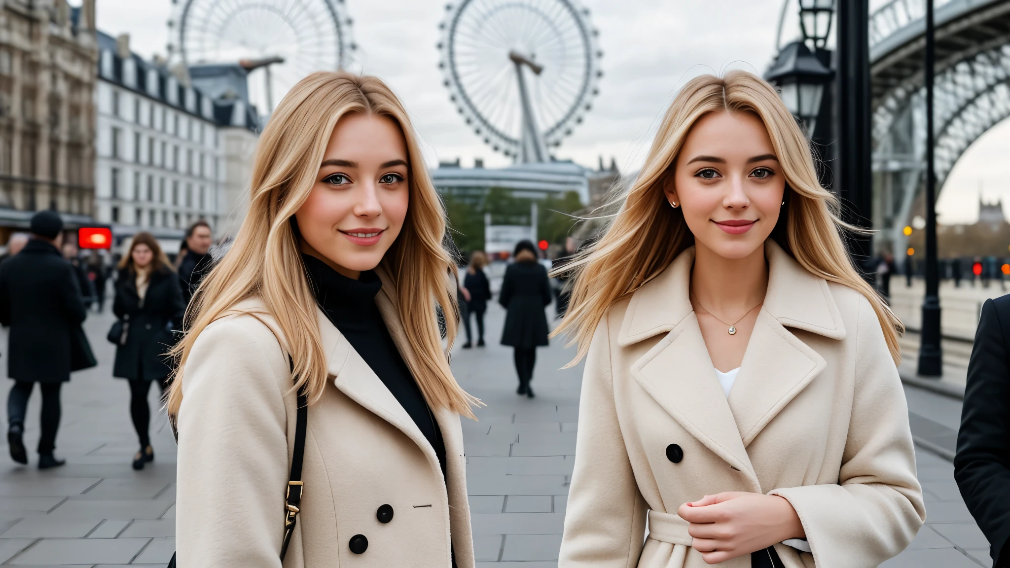 Instagram pictures, a French Girl, Shoulder length hair, with light blonde hair, a Close-up photo, coat, Walking in the street of The Queen's Walk, the background is London Eye, smiling a little,