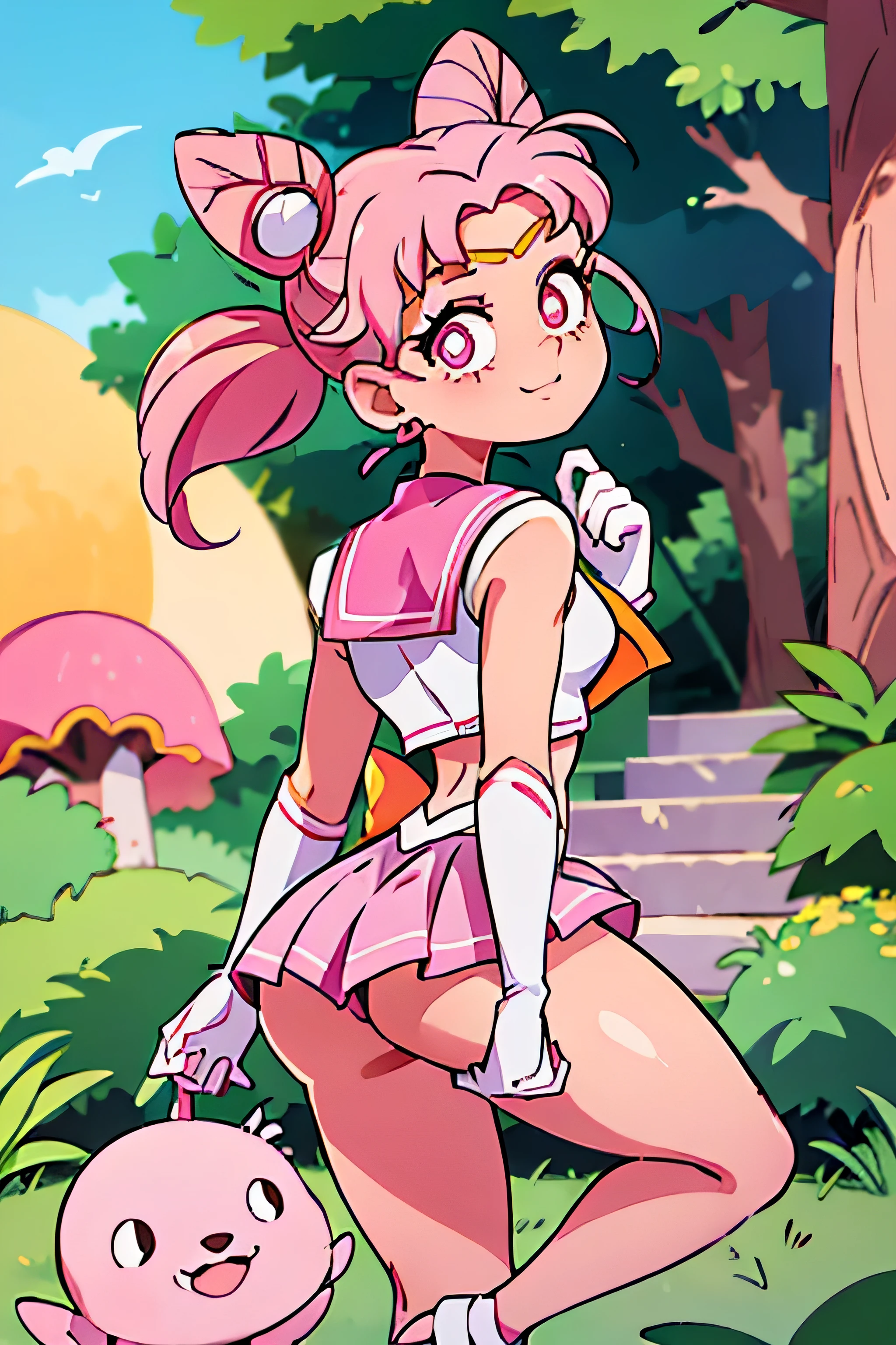 obra maestra, Mejor calidad, absurdos, perfect anatomy, 1 chica, Solo, SMMoon, 1990s \(Estilo\), Sailor Chibi Luna Cabello Rosa, pupilas rosadas ojos, subir las escaleras, de cerca, Sonrisa, tiro de vaquero, Uniforme Sailor Senshi Rosa, Collar marinero rosa, falda plisada rosa, guantes de codo, en postura de espalda, Show off your loot, backward, No hay tanga en un gran trasero, cuerpo completo, aausagi, de cerca booty, PUNTO DE VISTA DE ABAJO A ARRIBA, ( Sin tanga ) big booty, voyeur bajo la falda lengua (twintails hairEstilo)