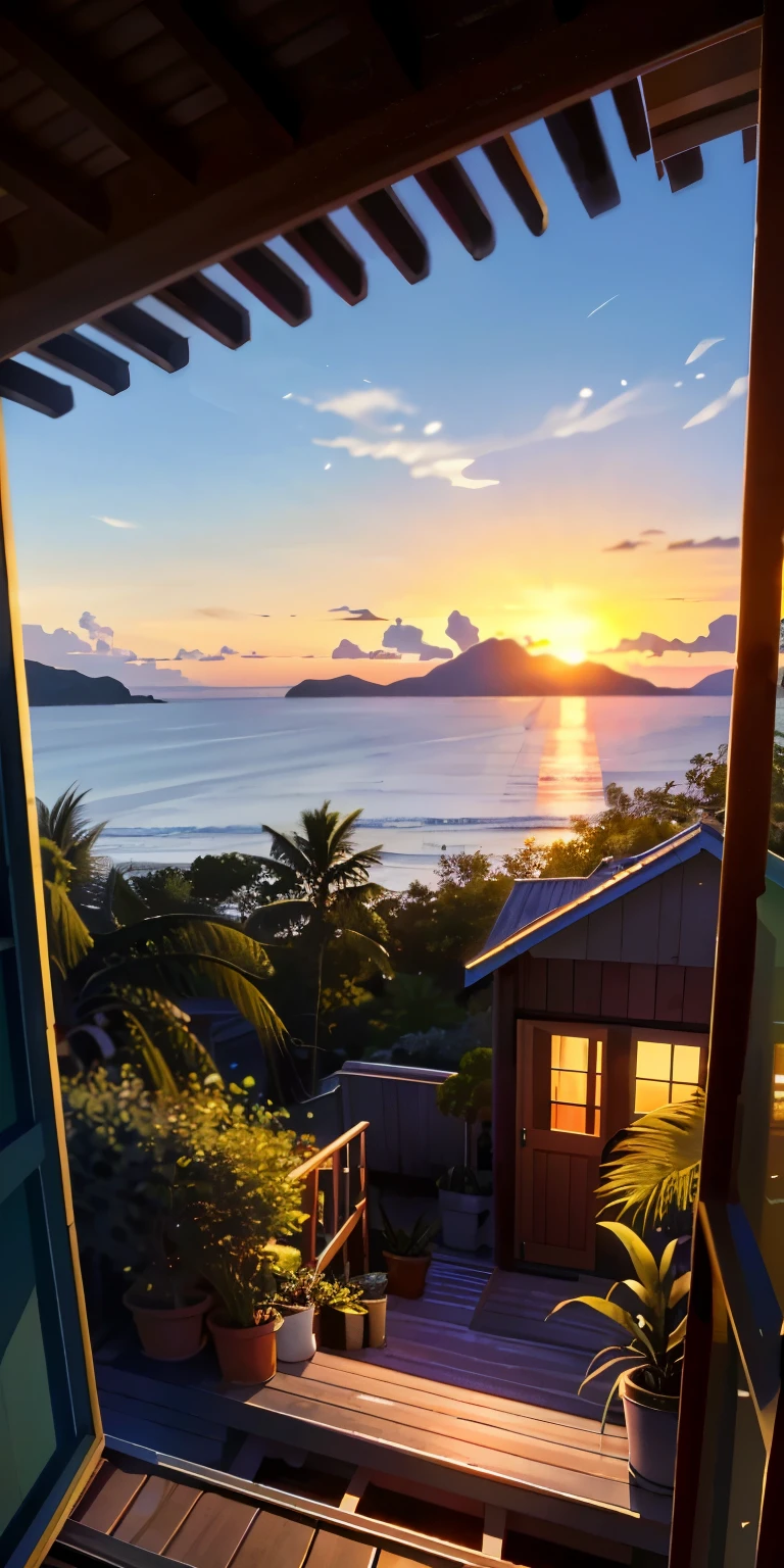 highest quality))、((masterpiece)、A sunset view of a tropical coast seen from the basement、There is an old shed