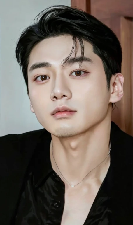 un primer plano de una persona que llevaba una camisa negra y un collar, jungkook, hyung tae, kim doyoung, cai xukun, Jinyoung Shin, inspirado en Bian Shoumin, TaeJune Kim, yanjun chengt, hong junio hyung, foto de perfil en la cabeza, Jung Jaehyun, pale korean adorable face, retrato de jossi de blackpink