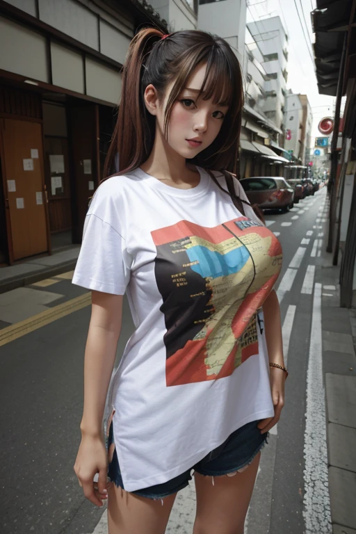 A beautiful girl wearing a T-shirt with a japanese map printed on it is standing on the street.giga_busty