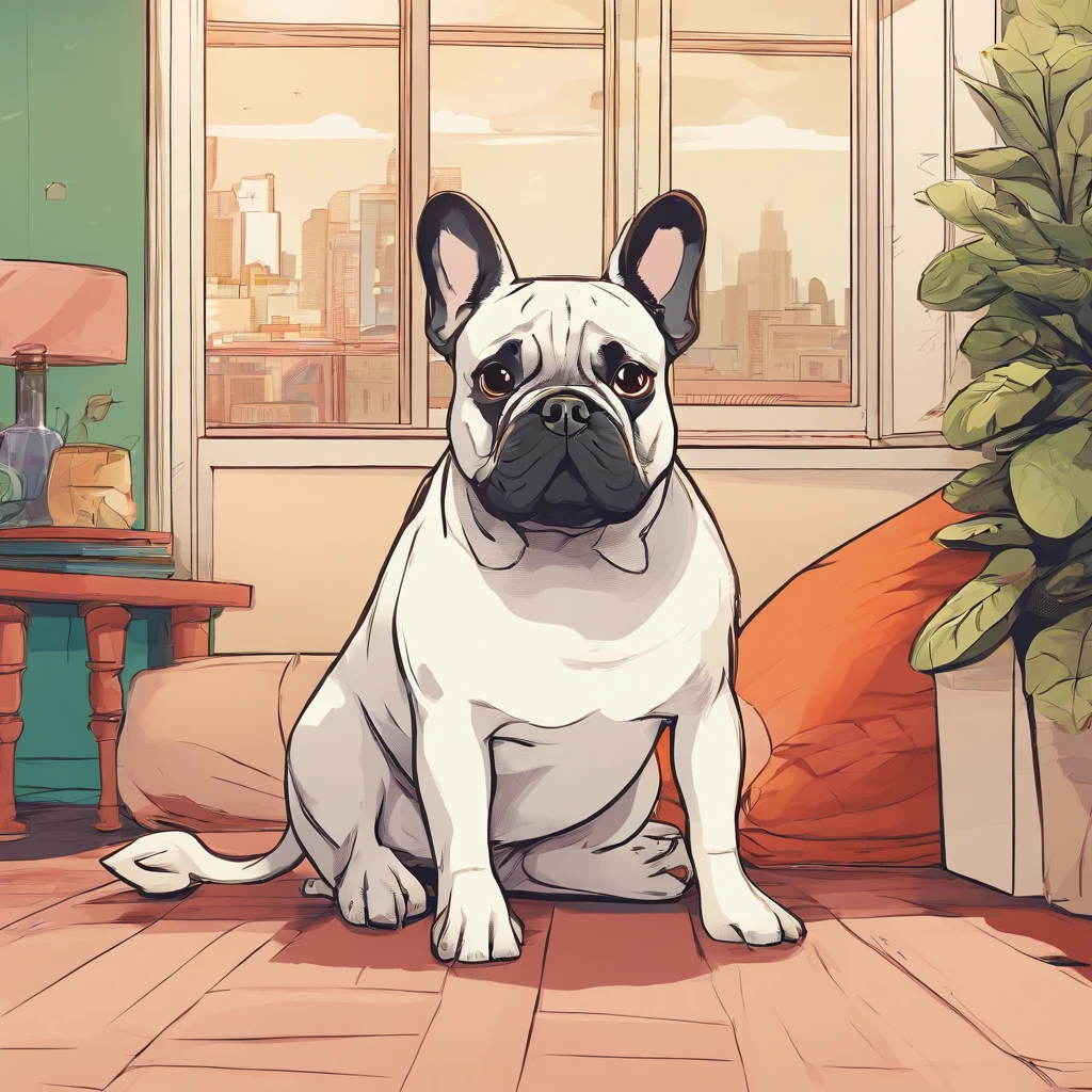 8k、high resolution、LO-FI、dog、cream colored french bulldog、room、sitting