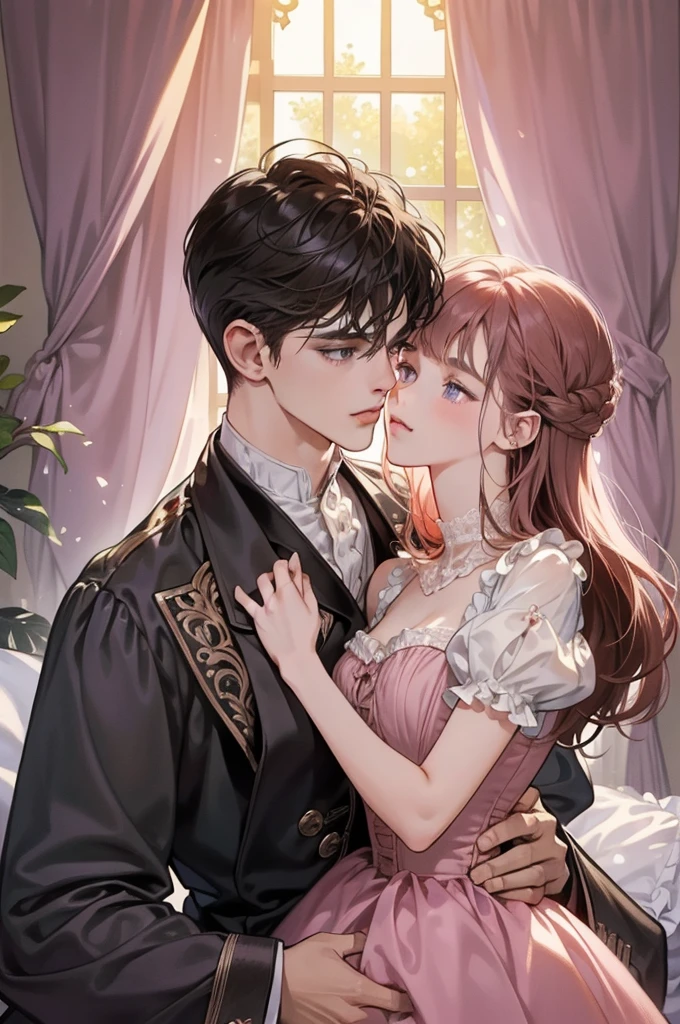 ((masterpieces)), best quality, outstanding illustration, a couple kissing, soft focus, 1 boy with short dark brown hair, 1 girl with long pink front bang hair, Victorian clothes, Victorian romanticism, opulent and exquisite atmosphere, soft light and warm lighting, (purple eyes girl), (grey eyes boy)
