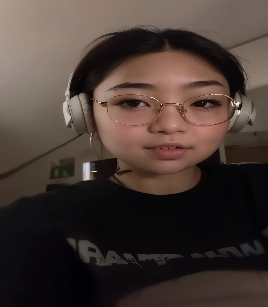 There's a woman wearing headphones and a black shirt, retrato de lofi, retrato de lofi at a window, garota lofi, low quality video, asian face, filmagem de baixa qualidade, anime vibes, qualidade muito muito baixa, garota lofi aesthetic, cara clara e fofa, com fones de ouvido, estilo de arte lofi, granulado de baixa qualidade, com fones de ouvido