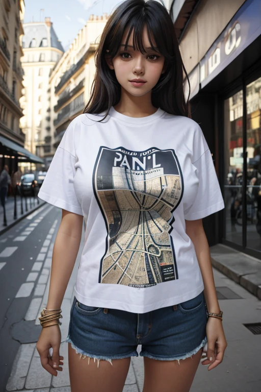 A beautiful girl wearing a T-shirt with a paris map printed on it is standing on the street.giga_busty
