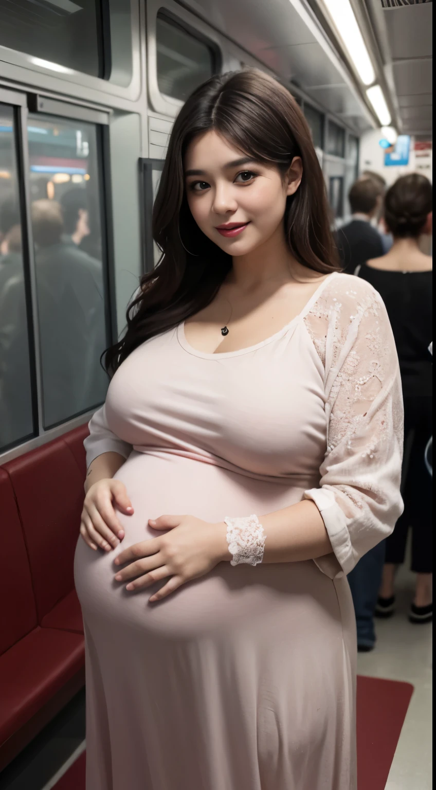 1 woman, selfie, smile, full body, obesity: 1.2, middle-aged woman: 1.3, slightly chubby face: 1.3, beautiful woman: 1.3, (dark brown hair), big breasts, (heavily pregnant), loose dress: 1.3, loose clothes, super detailed face, detailed eyes, double eyelids, blurred background, full fingers, good fingers, on the train,