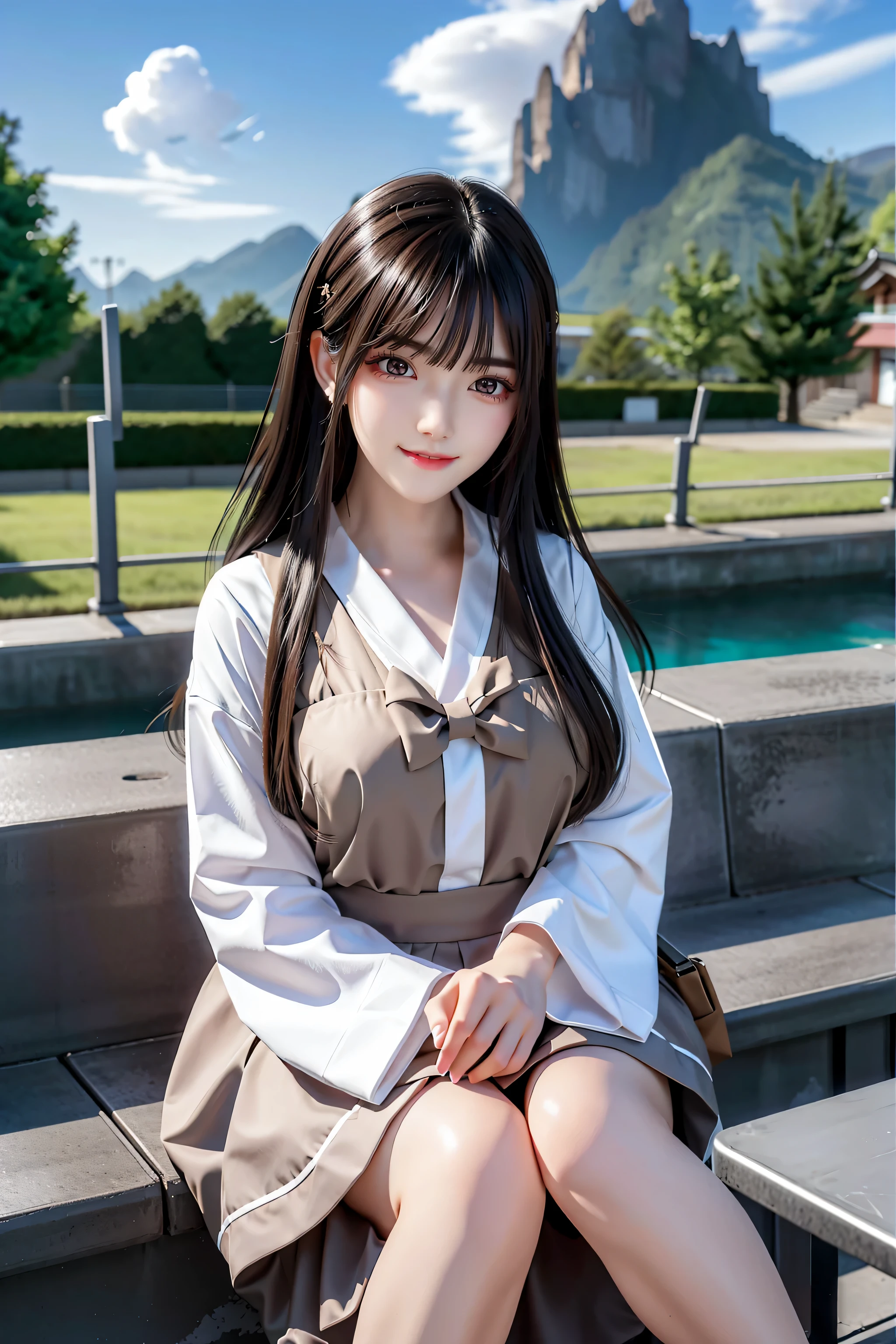 1girl, alone,极其细致的Eye和脸, (masterpiece, best quality:1.3), (ridiculous:1.3), (lifelike:1.3), (delicate skin:1.3, Detailed face:1.3), sitting, looking at the audience, sharp focus, beautifully,(Beautiful and cute Koreans_girl:1.3), (ulzzang-6500:0.2), (巨Big deal乳房:1.3, Thick thighs:1.2, narrow :1.1), (shiny skin:1.4), faint smile, (Black_Very_long_double tail:1.3),(Big deal_Eye:1.2, Brown_Eye), (Brown_Gloss_Eyehadow:1.2), pink_lips, White shirt, light brown suspender skirt / Black连裤袜, dragon, bench, flower, Grass, lake, (cloudy sky:1.3), (rain:0.5)