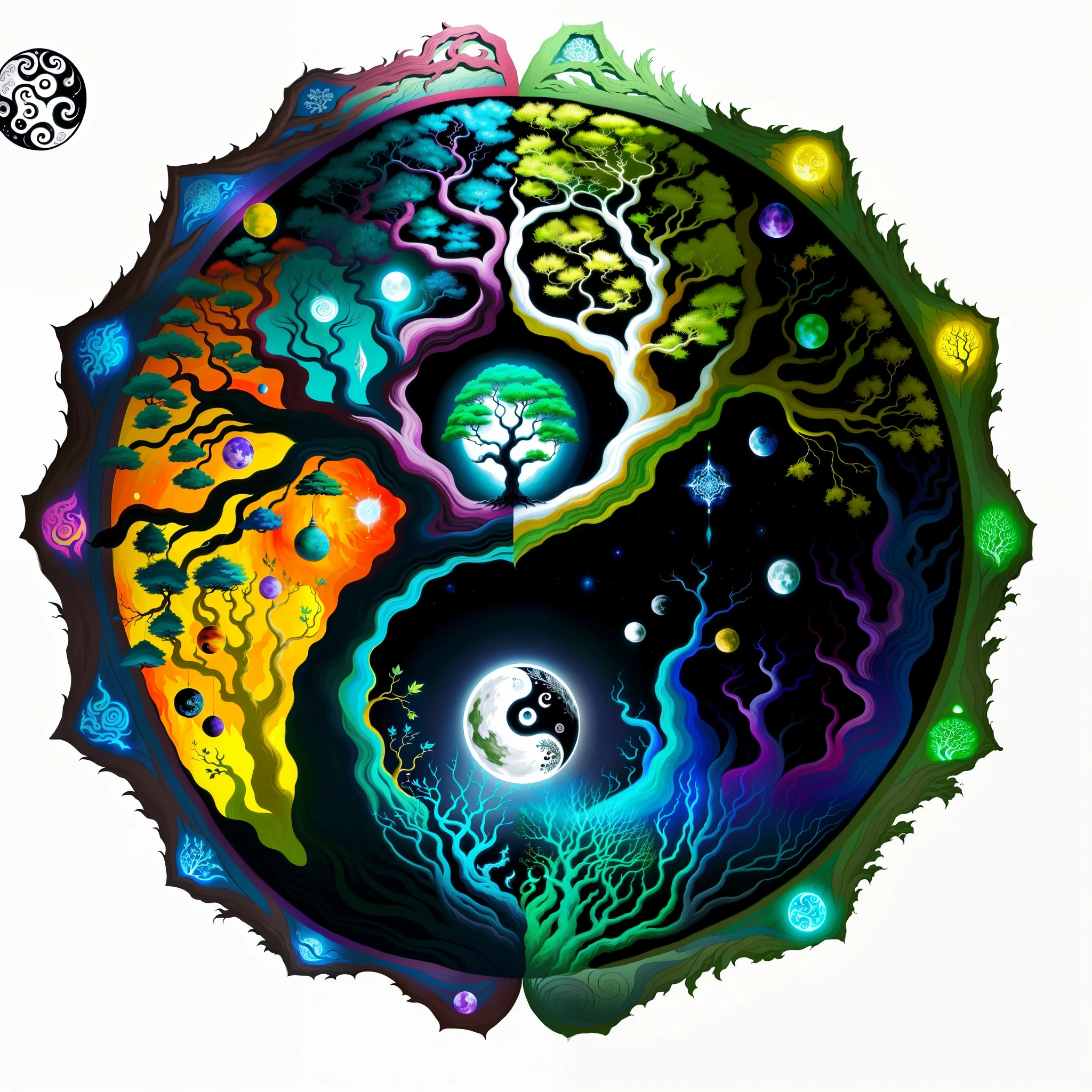A painting of trees and a moon, cosmic tree of life, complex witchcraft spectrum, cosmic tree, tree of Life, tree of Life seed of doubt, The colorful last moon gate of the universe, the world tree, world tree, ying and yang, nature, trippy art, yin yang, cosmic, nature统一