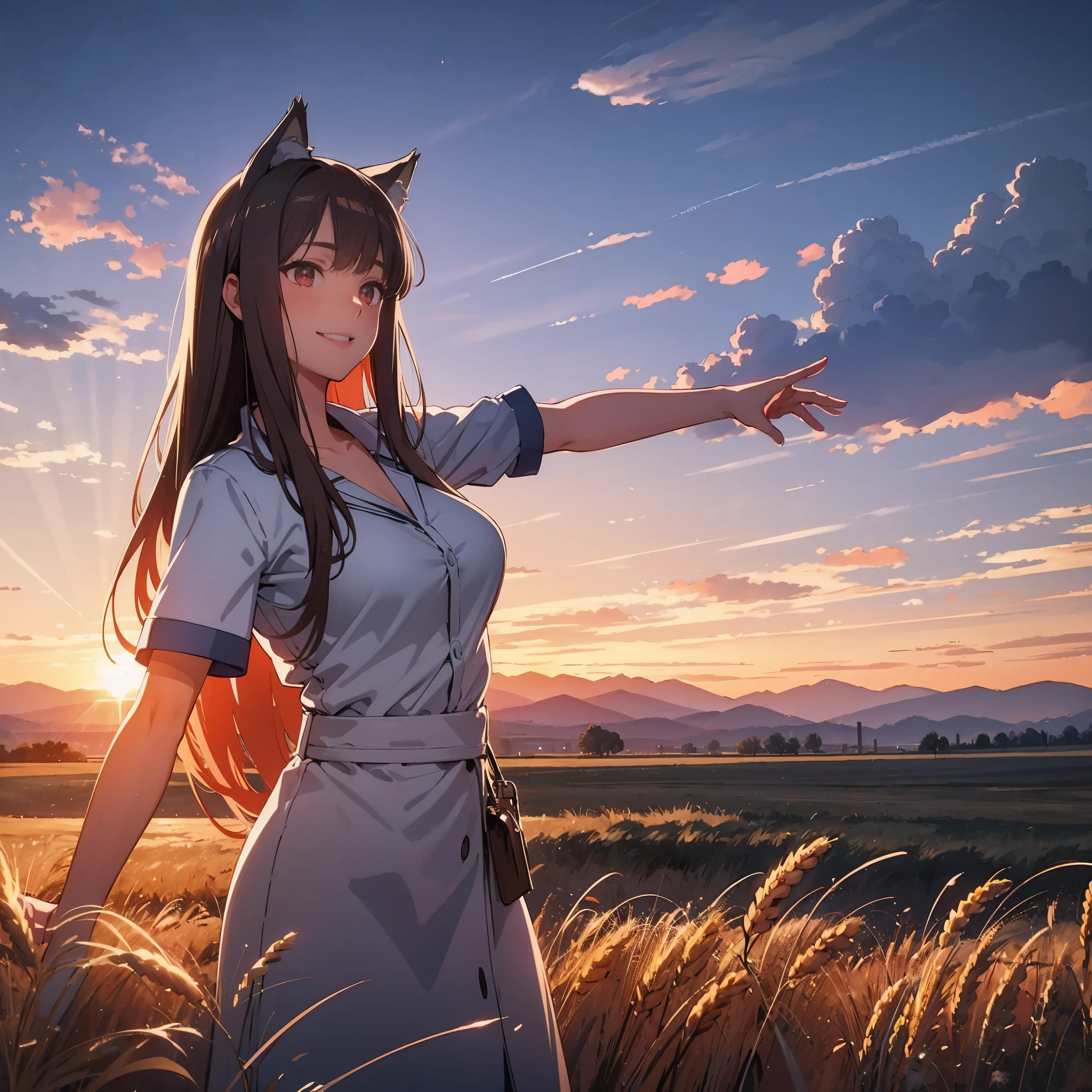 masterpiece, best quality, (vibrant colors, hdr,)
((holo)), LARGE BREASTS, spice and wolf,  1girl, animal ears wolf ears, wolf girl, wolf tail, long hair, brown hair, smile, red eyes, slit pupils, pouch, sky, scenic clouds, dust cloud, , sun in the middle of image, sun rays, outstretched arms, spread arms, extremely detailed wheat, farm , sunset with hyperreallistic detailed 3d volumetric clouds with  clear sky, graphite \(medium\), sketch, smoke in background <lora:holoSpiceAndWolf_v3:1