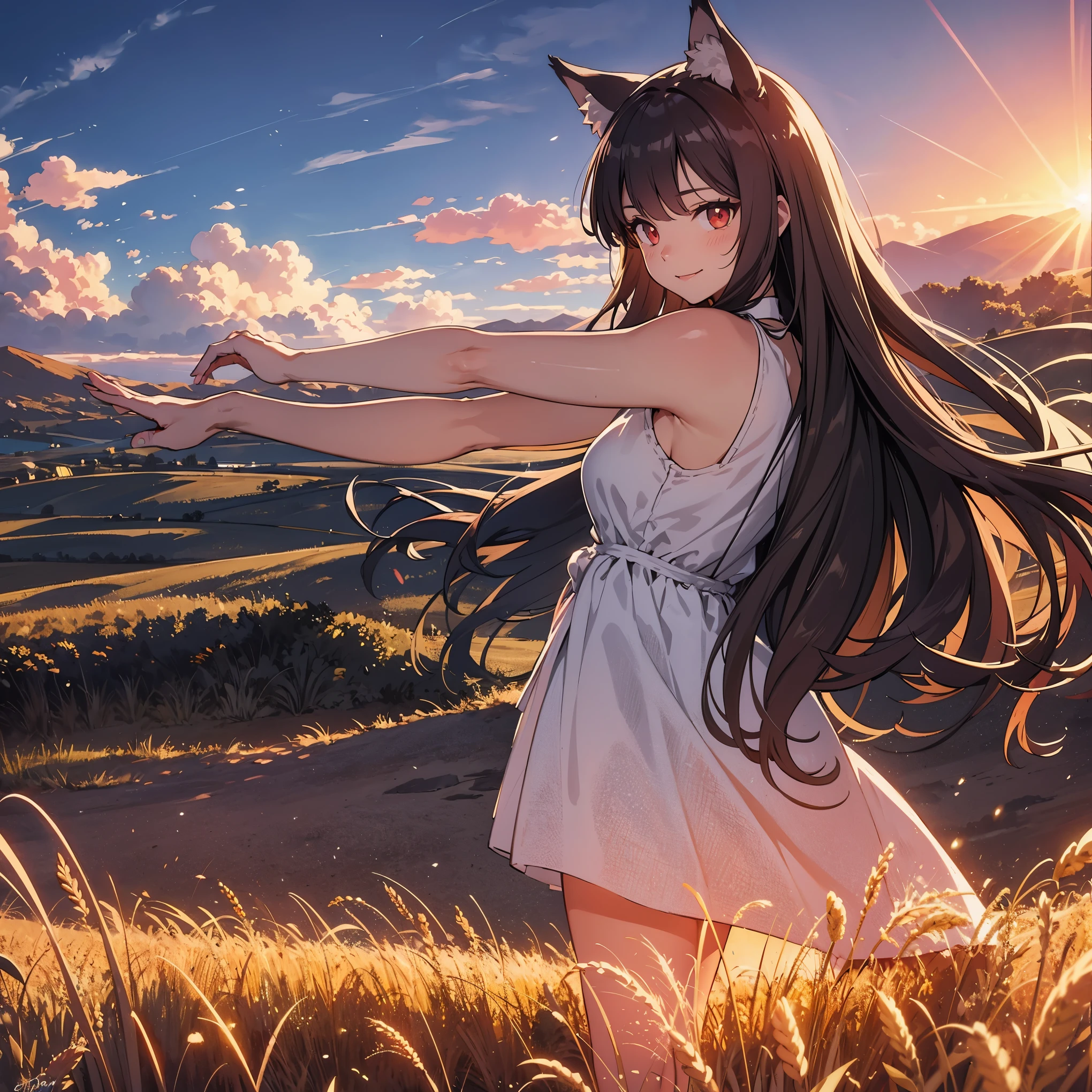 masterpiece, best quality, (vibrant colors, hdr,)
((holo)), LARGE BREASTS, spice and wolf,  1girl, animal ears wolf ears, wolf girl, wolf tail, long hair, brown hair, smile, red eyes, slit pupils, pouch, sky, scenic clouds, dust cloud, , sun in the middle of image, sun rays, outstretched arms, spread arms, extremely detailed wheat, farm , sunset with hyperreallistic detailed 3d volumetric clouds with  clear sky, graphite \(medium\), sketch, smoke in background <lora:holoSpiceAndWolf_v3:1