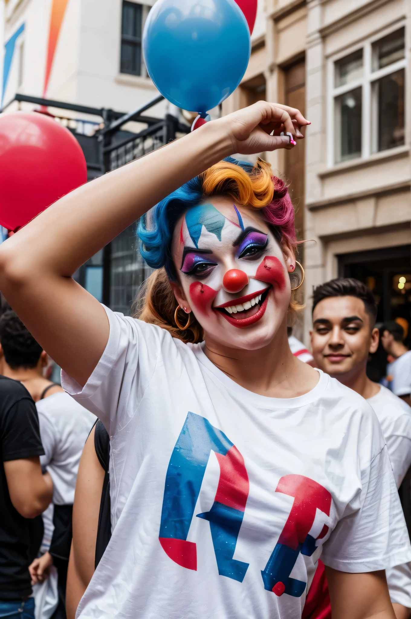 A person having fun at a street party wearing clown makeup and a white T-shirt. Hyperrealistic image.