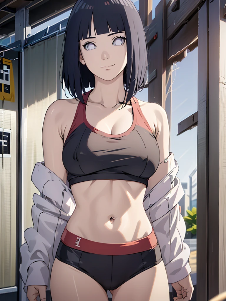 (ultra-realistic, highres, best quality, 4k, professional, cowboy shot), hinata huyga, an illustration in Full HD that showcases a 21-year-old girl's cool style, beauty eyes, sharp eyes. Her Asymmetric Pixie hairstyle, black hair with perfect bang, short hair, and left-facing bangs with red highlights make her stand out. Smile, dynamic pose, She's dressed in a fashioned sport bra, train in gym, sweat skin, exuding confidence and individuality.