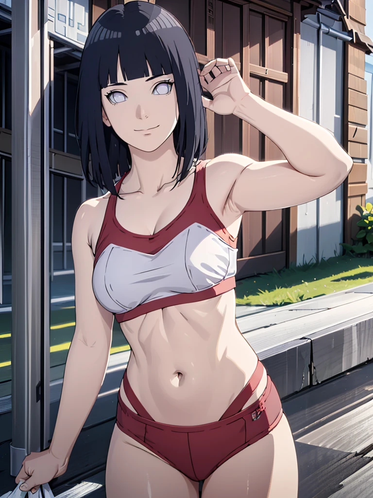 (ultra-realistic, highres, best quality, 4k, professional, cowboy shot), hinata huyga, an illustration in Full HD that showcases a 21-year-old girl's cool style, beauty eyes, sharp eyes. Her Asymmetric Pixie hairstyle, black hair with perfect bang, short hair, and left-facing bangs with red highlights make her stand out. Smile, dynamic pose, She's dressed in a fashioned sport bra, train in gym, sweat skin, exuding confidence and individuality.