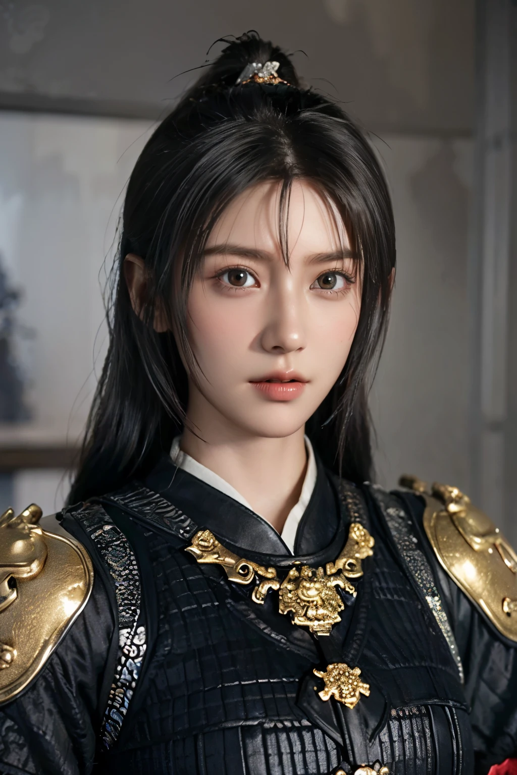 Game art，The best picture quality，Highest resolution，8K，(A bust photograph)，(Portrait)，(Head close-up)，(Rule of thirds)，Unreal Engine 5 rendering works， (The Girl of the Future)，(Female Warrior)， 
15岁少女，(The generals of ancient China)，An eye rich in detail，(Big breasts)，优雅高贵，冷漠，勇敢的，
(Wearing ancient Chinese style armor，Armor of the Tang Dynasty，Costumes are rich in detail，Metallic luster，Silver gray)，中国人物，奇幻风格，
拍照姿势，野外背景，Movie lights，Ray tracing，Game CG，((3D Unreal Engine))，oc渲染反射纹