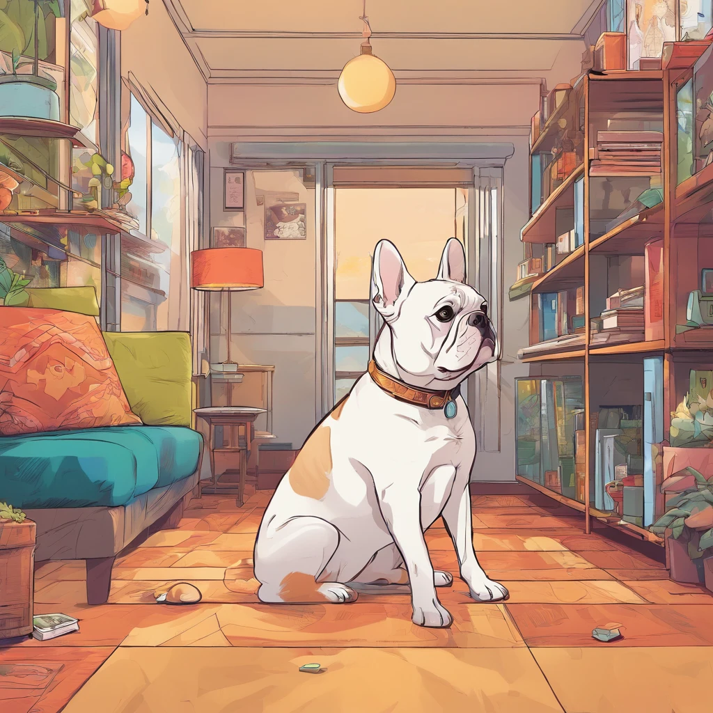 8k、high resolution、LO-FI、dog、French Bulldog、room、sitting