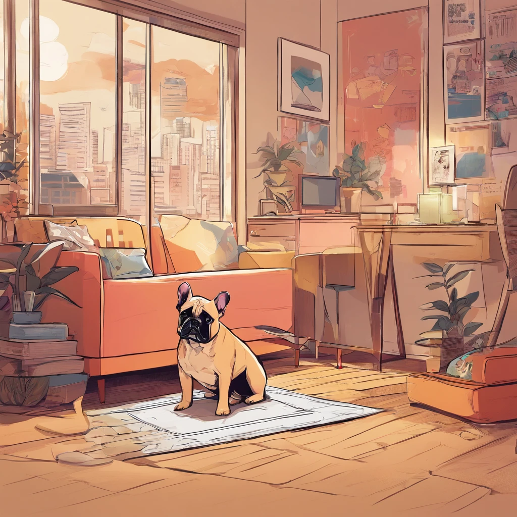 8k、high resolution、LO-FI、dog、French Bulldog、room、sitting