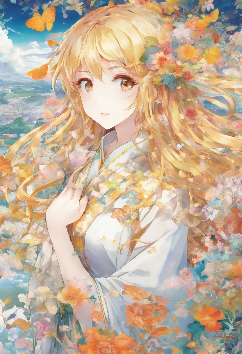 masterpiece, highest quality, white background, whole body, wide shot, Extremely detailed
, Japanese anime style, 1 girl, whole body, golden hair on both sides, odd eye, smile,16 in landscape:9 aspect ratio,