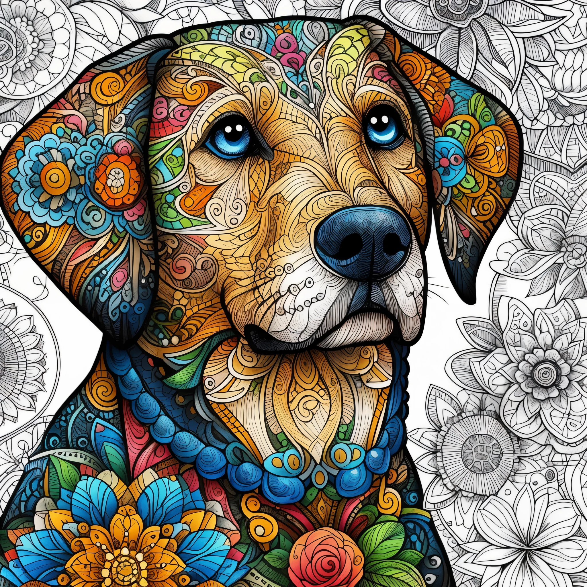 floral dog coloring book, Full of color and rich details, Overly detailed art, detailed digital artwork, digital art. very detailed, very detailed illustration, intricate artwork masterpiece, digital art highly-detailed, intricate artwork, very detailed digital art, insanely complex, very intricate details, super detailed color art, intricate detailed digital art,black background