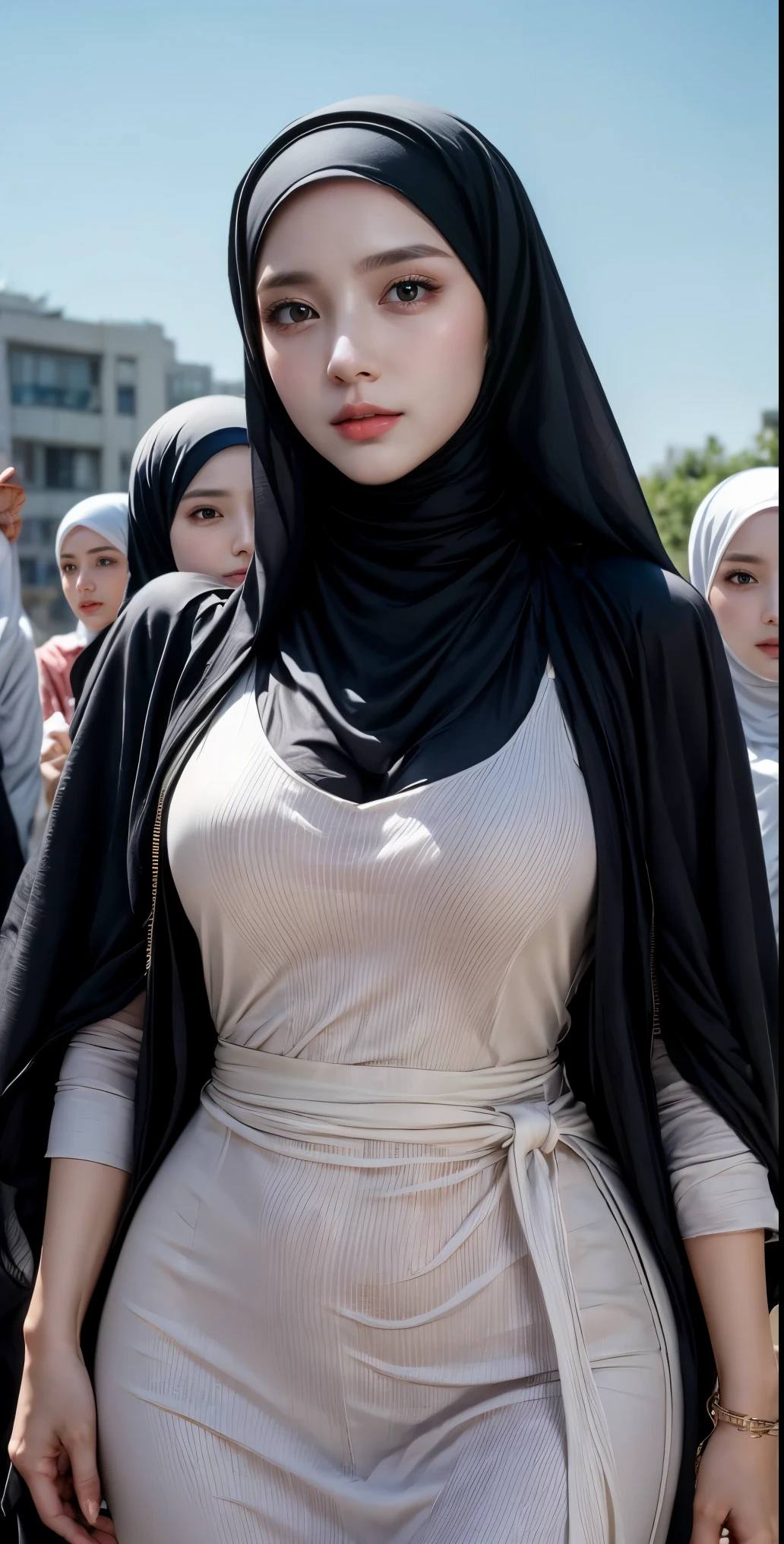 masutepiece, Best Quality, Illustration, Ultra-detailed, finely detail, hight resolution, 8K Wallpaper, Perfect dynamic composition, Multiple people,hijab nude, (3 girls taking photos), Girls holding smartphone cameras, Beautiful detailed eyes, Natural Lip, Wear hijab moslem, Muslim gamis clothing, fancy jubba thobbe, photo full body, close-up photo, view of the blue sky, close-up photo, Girls holding smartphone cameras, show your big tits, people hijab, all the girls were holding big smartphone cameras.
