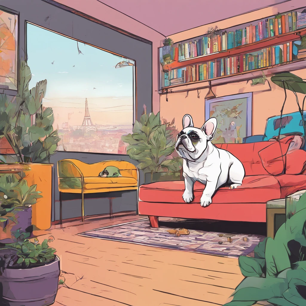 8k、high resolution、LO-FI、dog、French Bulldog、room、sitting