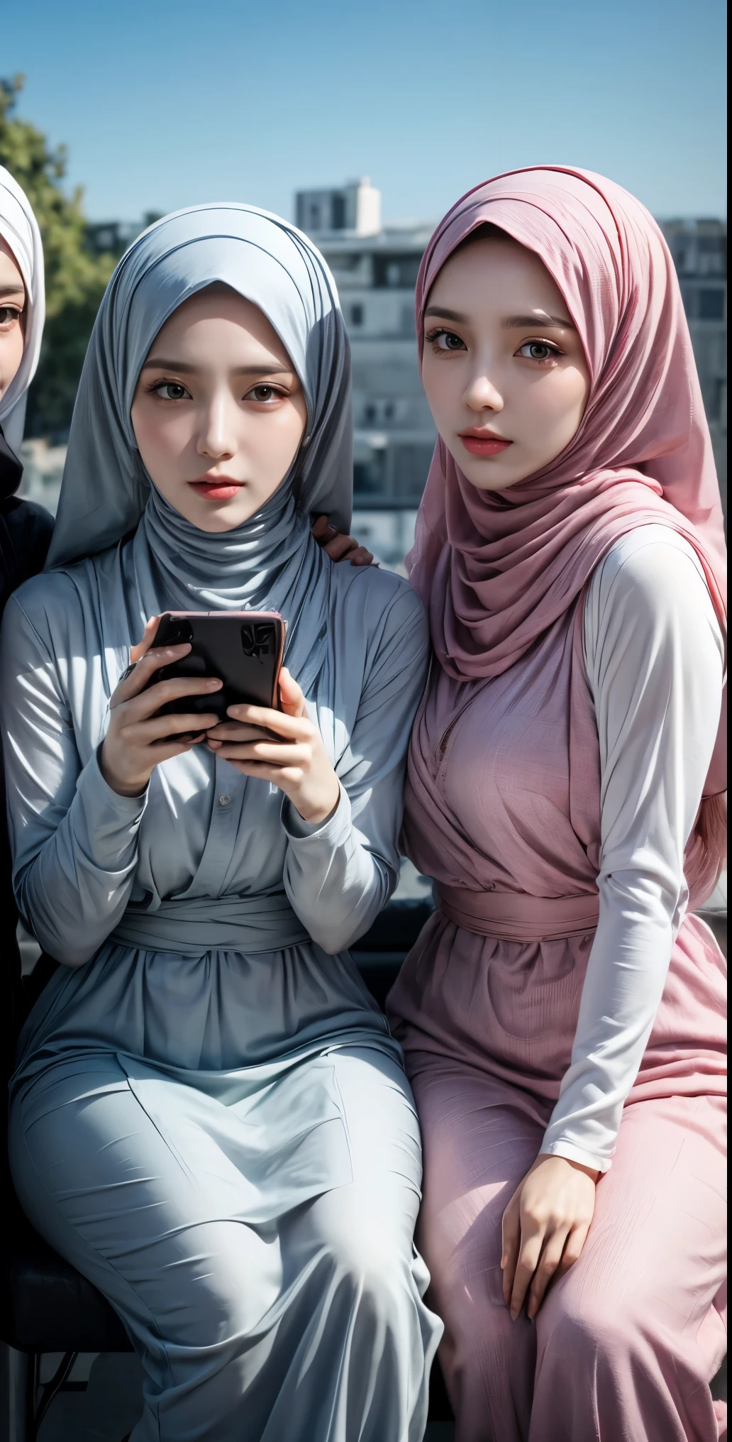 masutepiece, Best Quality, Illustration, Ultra-detailed, finely detail, hight resolution, 8K Wallpaper, Perfect dynamic composition, Multiple people,hijab nude, (3 girls taking photos), Girls holding smartphone cameras, Beautiful detailed eyes, Natural Lip, Wear hijab moslem, Muslim gamis clothing, fancy jubba thobbe, photo full body, close-up photo, view of the blue sky, close-up photo, Girls holding smartphone cameras, show your big tits, people hijab, all the girls were holding big smartphone cameras.