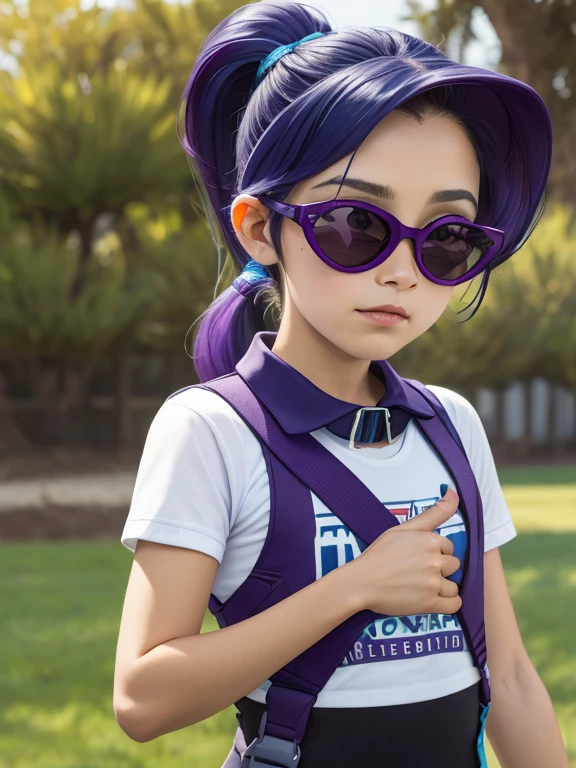 ((Solo)) chica, Cabello morado , pony tail,Mirada delicada, ojos azules, camisa de entrenamiento, Gafas, heart collar