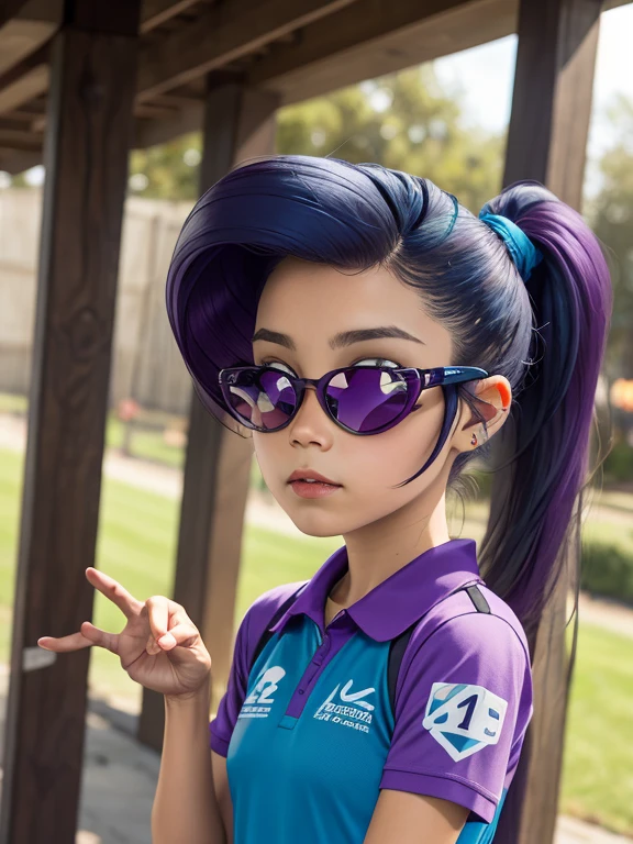 ((Solo)) chica, Cabello morado , pony tail,Mirada delicada, ojos azules, camisa de entrenamiento, Gafas, heart collar