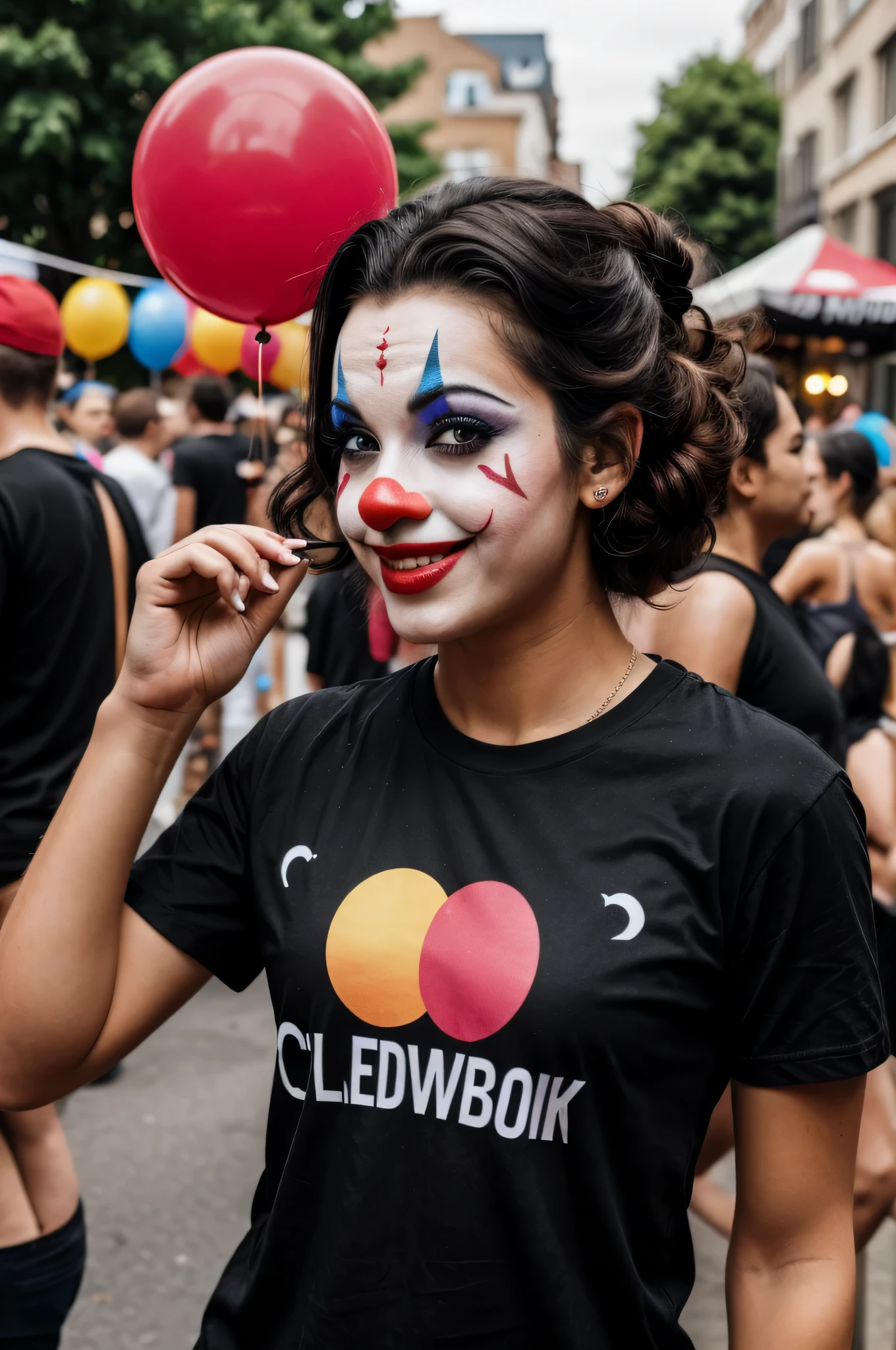 A person having fun at a street party wearing clown makeup and a black T-shirt. Hyperrealistic image.
