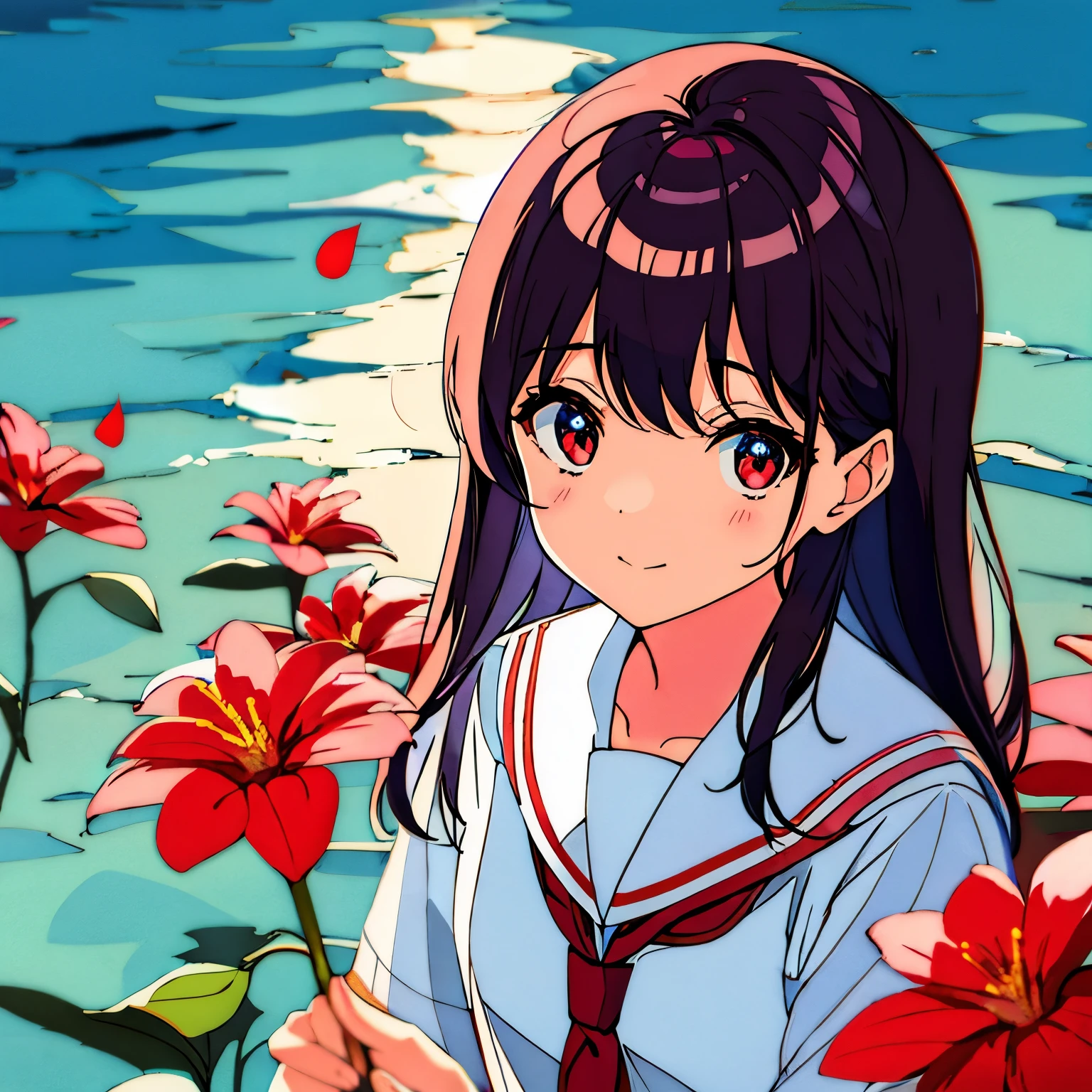 draw a girl in a sailor suit、Red flower、nostalgic