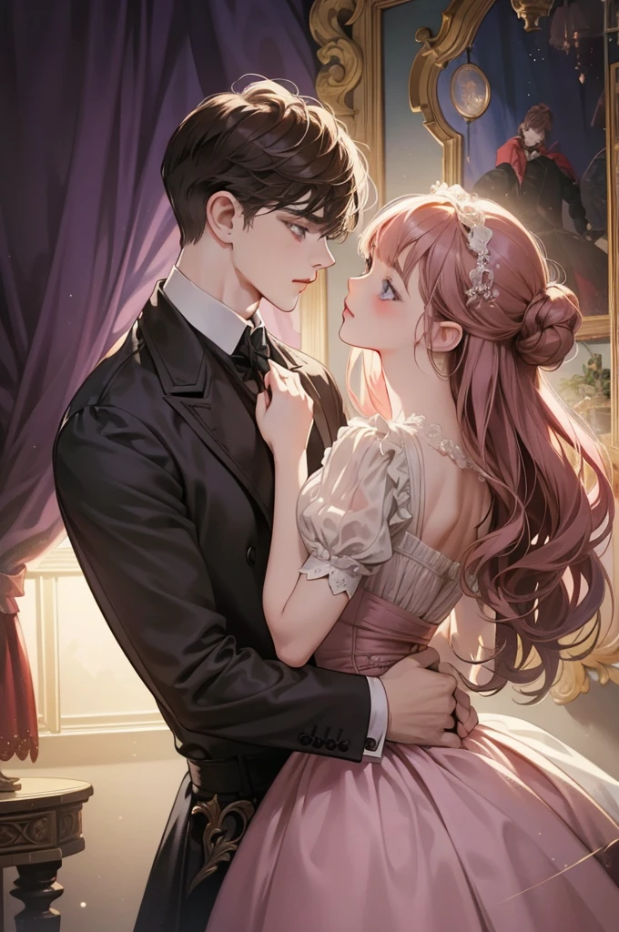 ((masterpieces)), best quality, outstanding illustration, a couple kissing, soft focus, 1 boy with short dark brown hair, 1 girl with long pink front bang hair, Victorian clothes, Victorian romanticism, opulent and exquisite atmosphere, soft light and warm lighting, (purple eyes girl), (grey eyes boy)